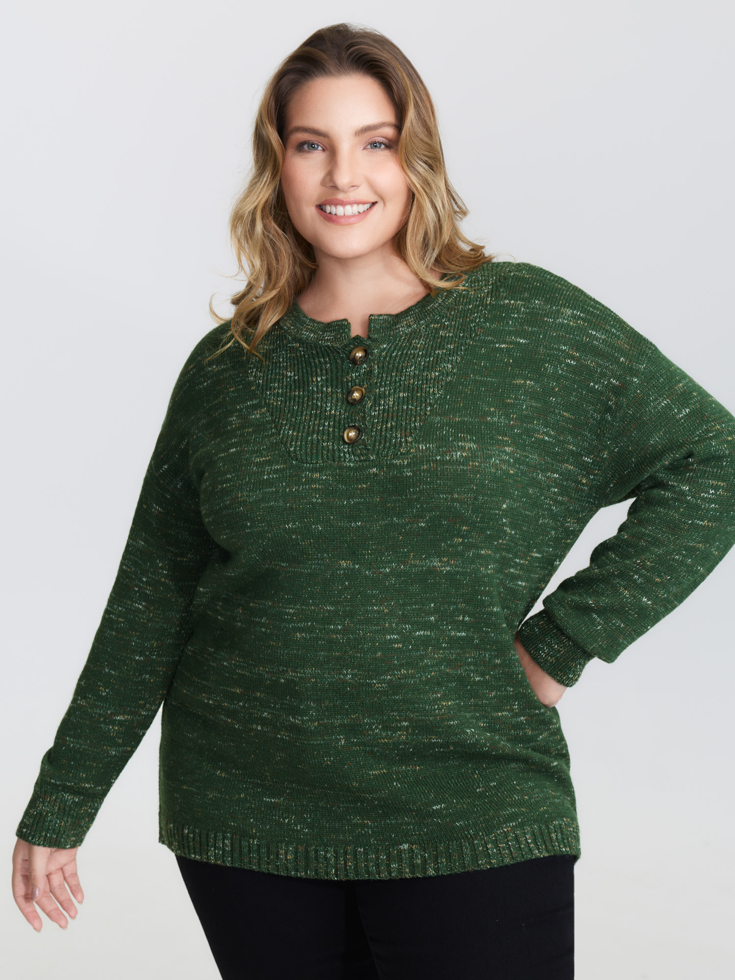 BloomChic Women's Plus Size Heather Textured Button Neck Pullover DarkGreen not graphics Long Sleeve Stand Collar 10/M