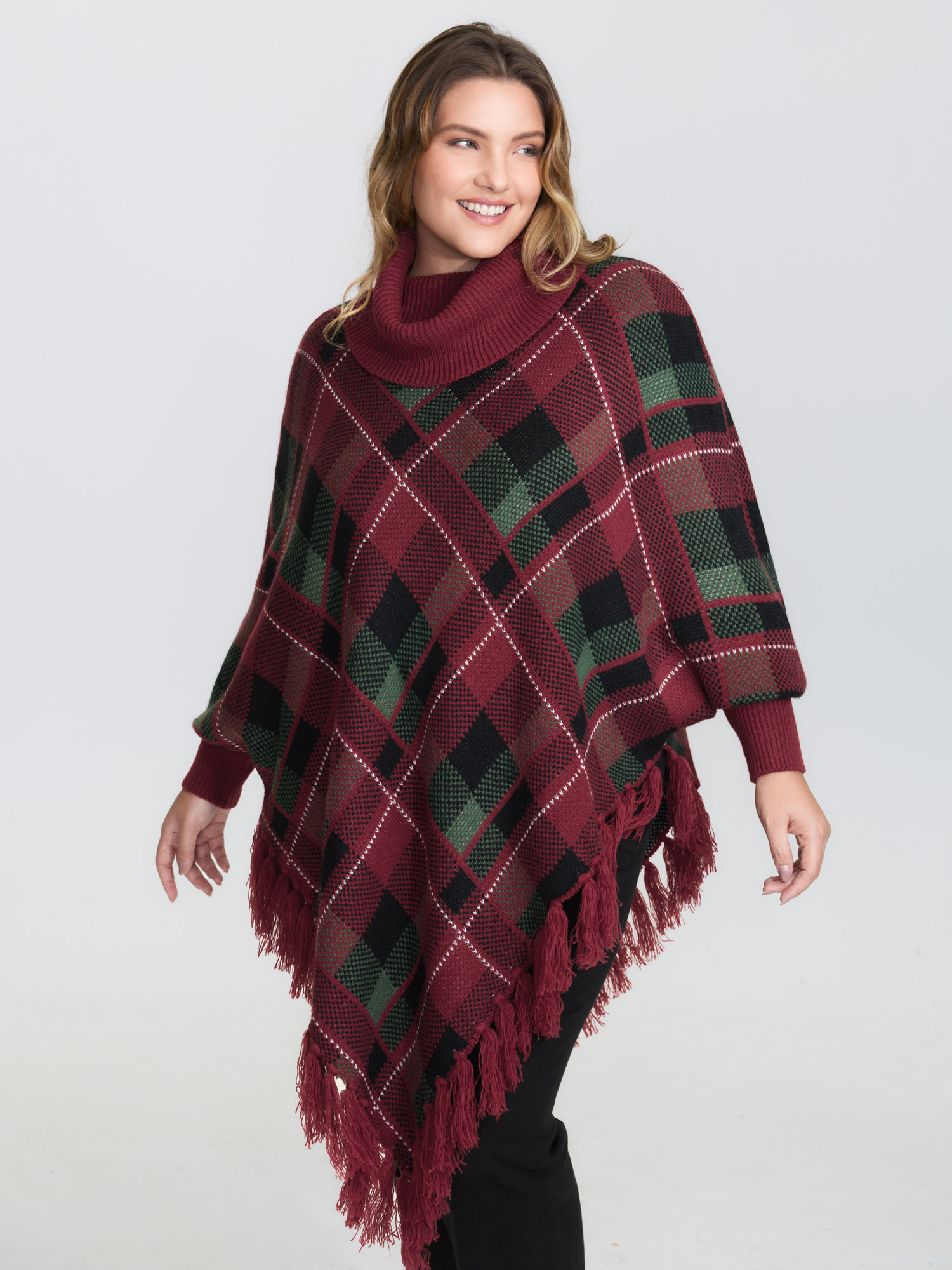 BloomChic Women's Plus Size Holiday Plaid Turtleneck Fringe Hem Pullover Scarlet not graphics Long Sleeve Funnel Neck 10/M