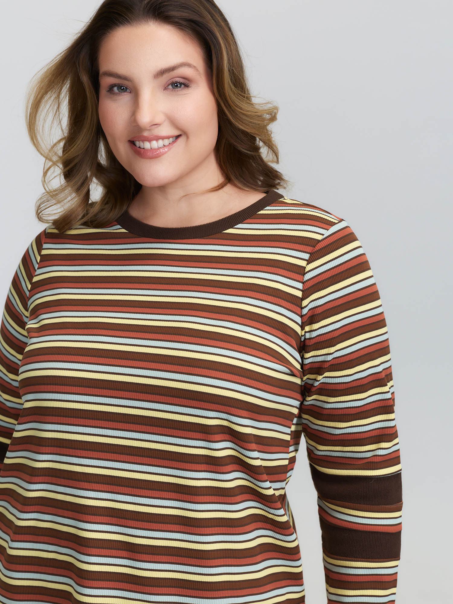 BloomChic Women's Plus Size Stripe Color Contrast Round Neck T-Shirt Multicolor Stripes Everyday-Casual Long Sleeve 12/L
