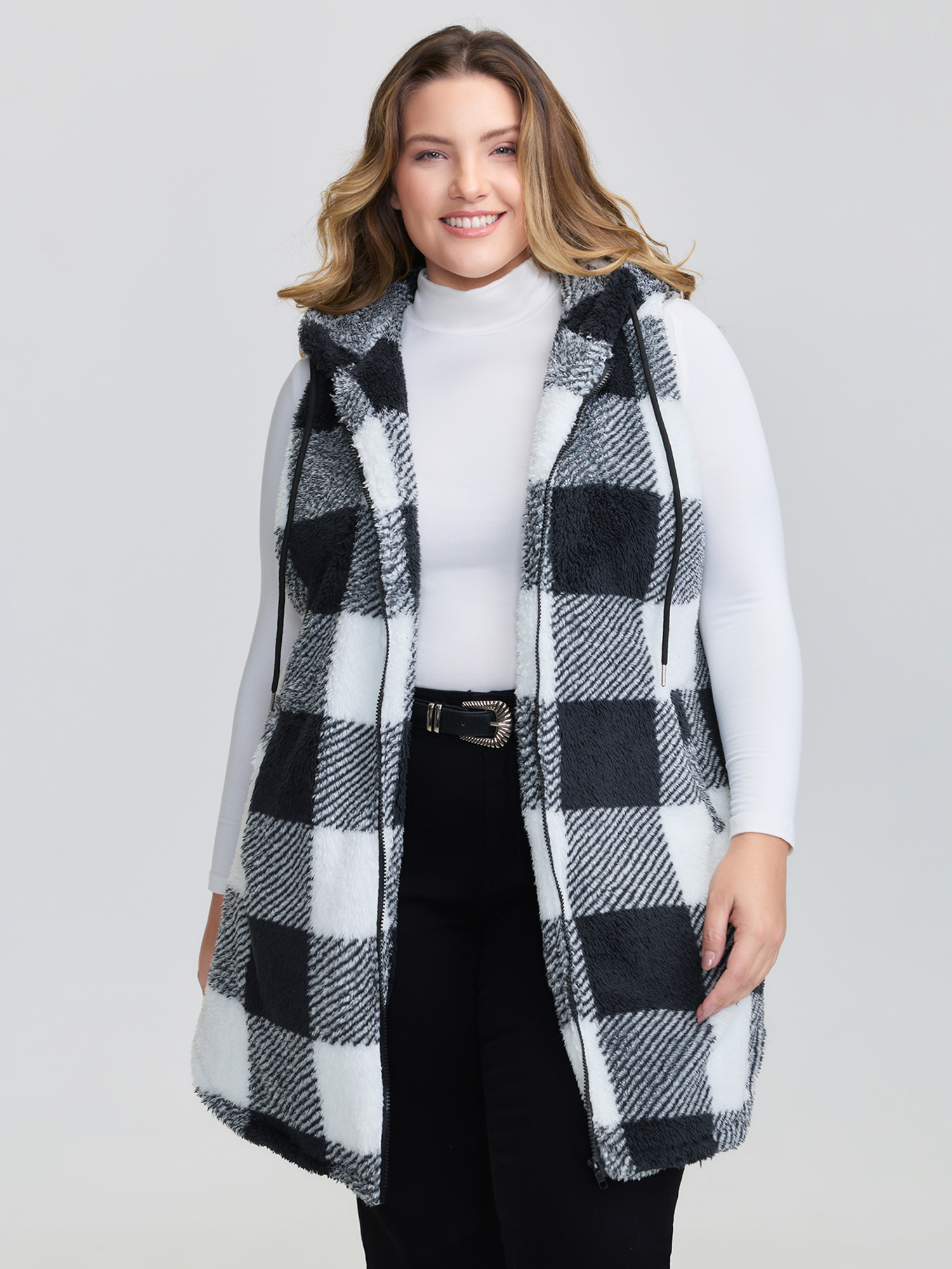 BloomChic Women's Plus Size Checkered Print Reversible Hooded Vest Black 22-24/3X-image-47665292705962