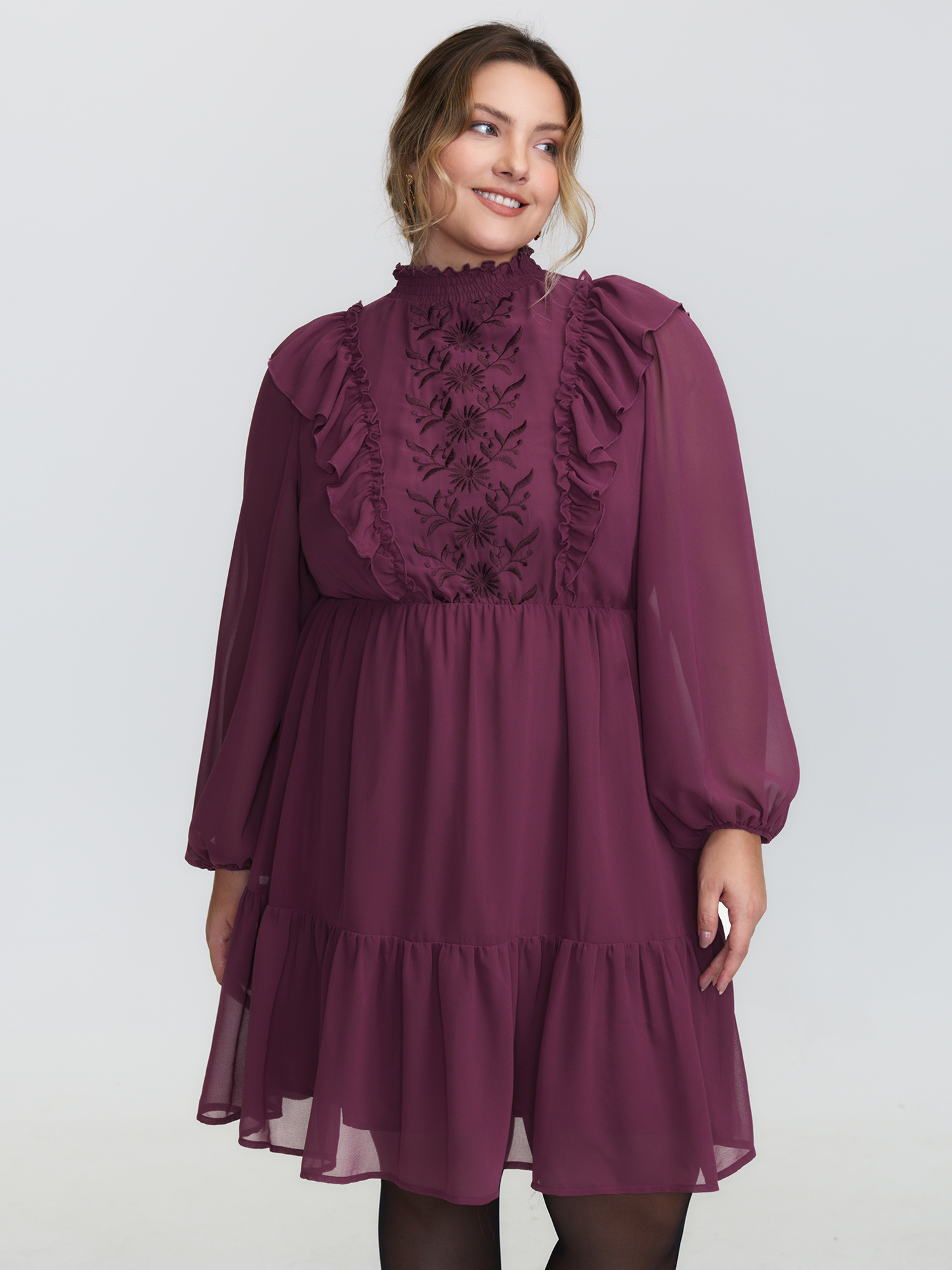 BloomChic Women's Plus Size Flocked Ruffled Floral Embroidered Neckline Mini Dress RedViolet Knee Everyday-Elegant Embroidered 10/M