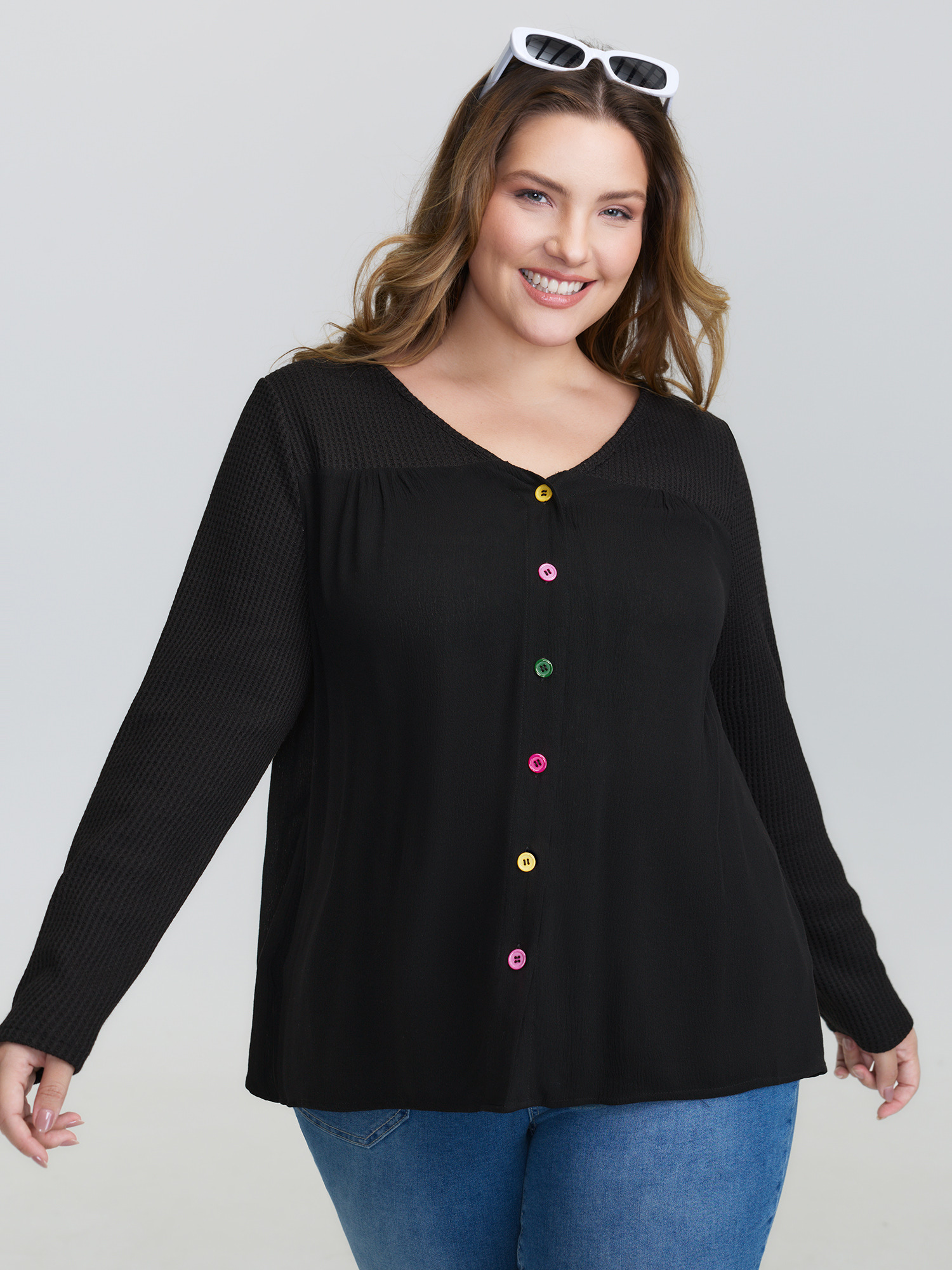 BloomChic Women's Plus Size Stretchy Textured Colorful Button Blouse Black Everyday-Casual Extra Long Sleeve 10/M