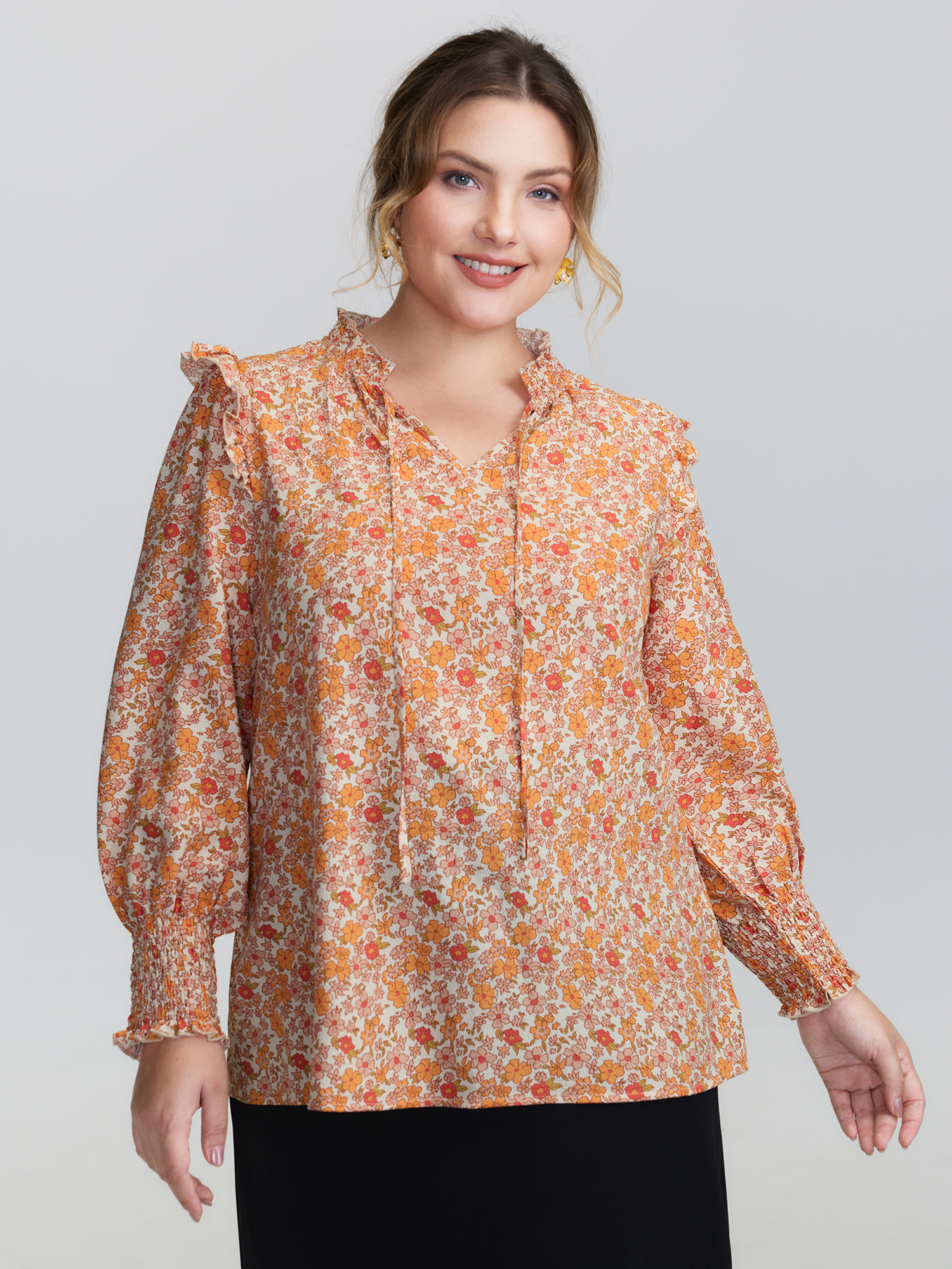 BloomChic Women's Plus Size Chiffon Floral Print Ruffled Shoulder Blouse Coral Ditsy Floral Everyday-Elegant Long Sleeve 10/M