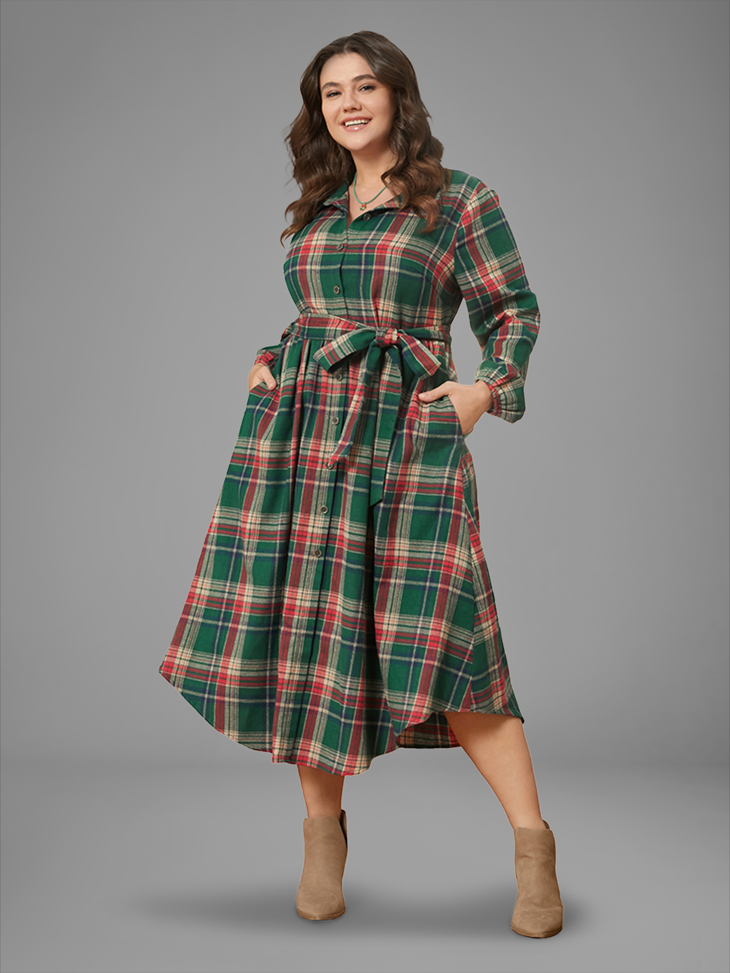 BloomChic Plus Size Plaid Button Detail Pocket Belted Arc Hem Midi Dress - Curve Ladies Multicolor Americana Daily Long Sleeve Plaid Side Pocket Daily Dresses 14/M
