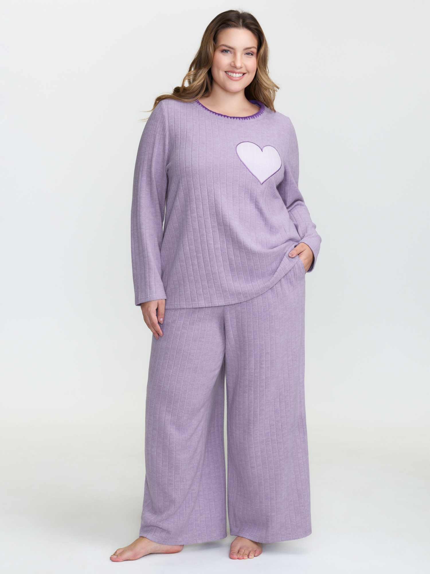 Side view of BloomChic Women's Plus Size Pastel Hearts Brushed Ribbed Embroidered Lounge Top Lilac Extra Long Sleeve 10/M
