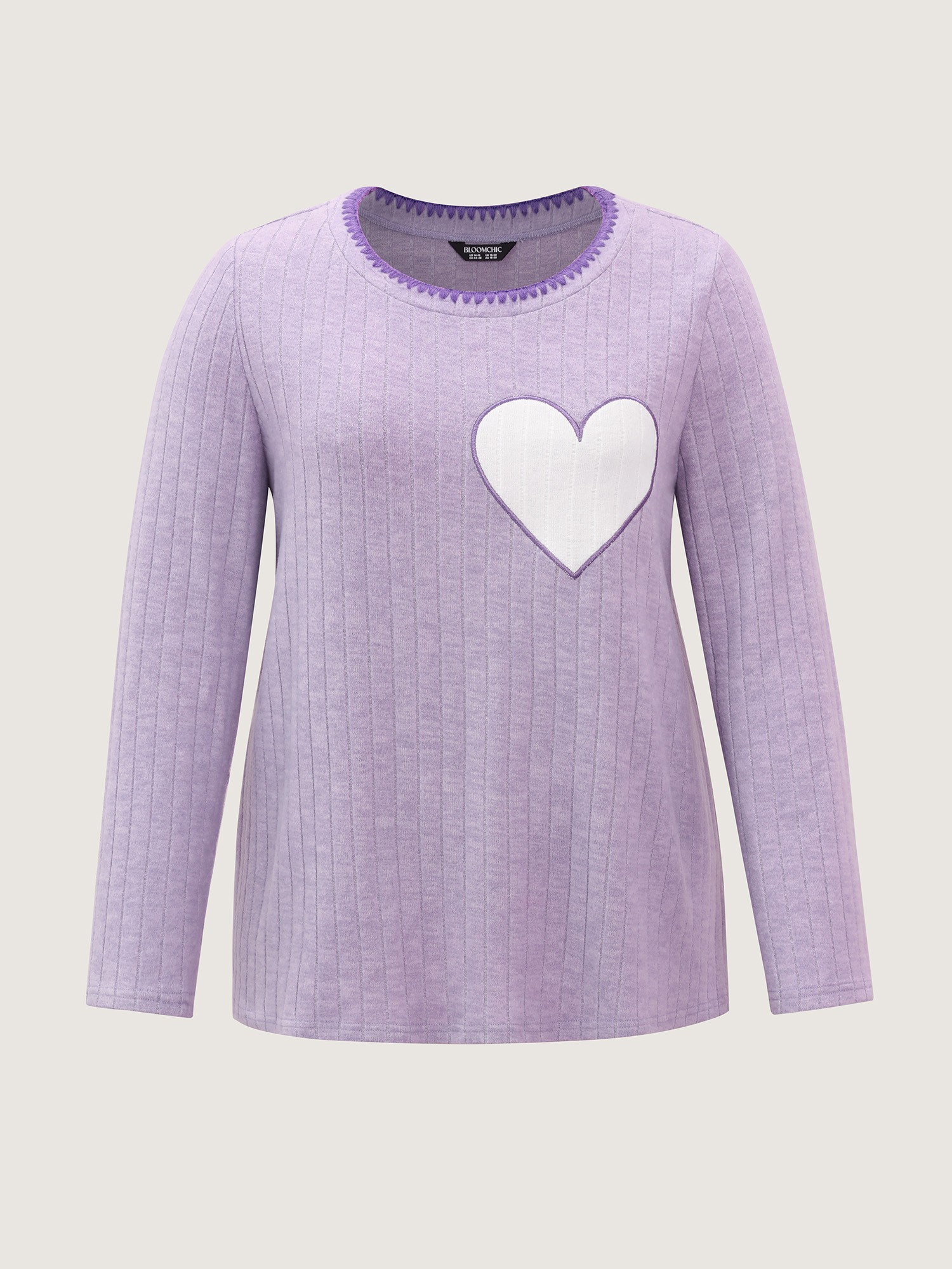 Side view of BloomChic Women's Plus Size Pastel Hearts Brushed Ribbed Embroidered Lounge Top Lilac Extra Long Sleeve 10/M