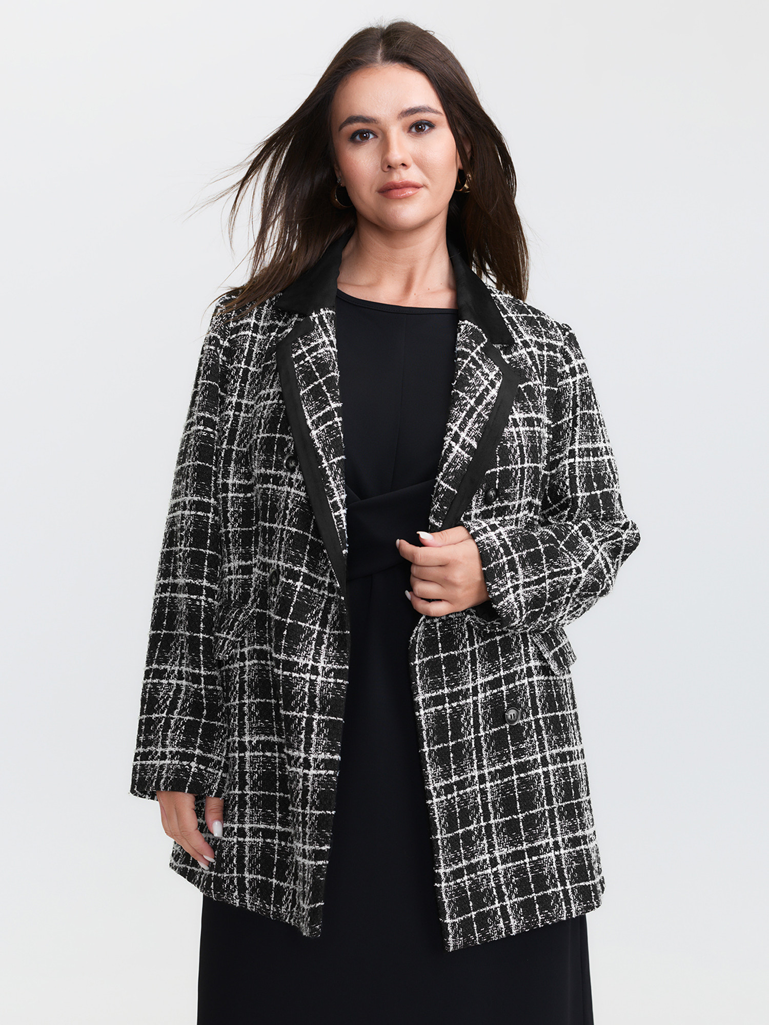 BloomChic Women's Plus Size Tweed Print Lined Double Breasted Blazer Black Sleeve Extra Long Sleeve 28/5X-image-47679333990570