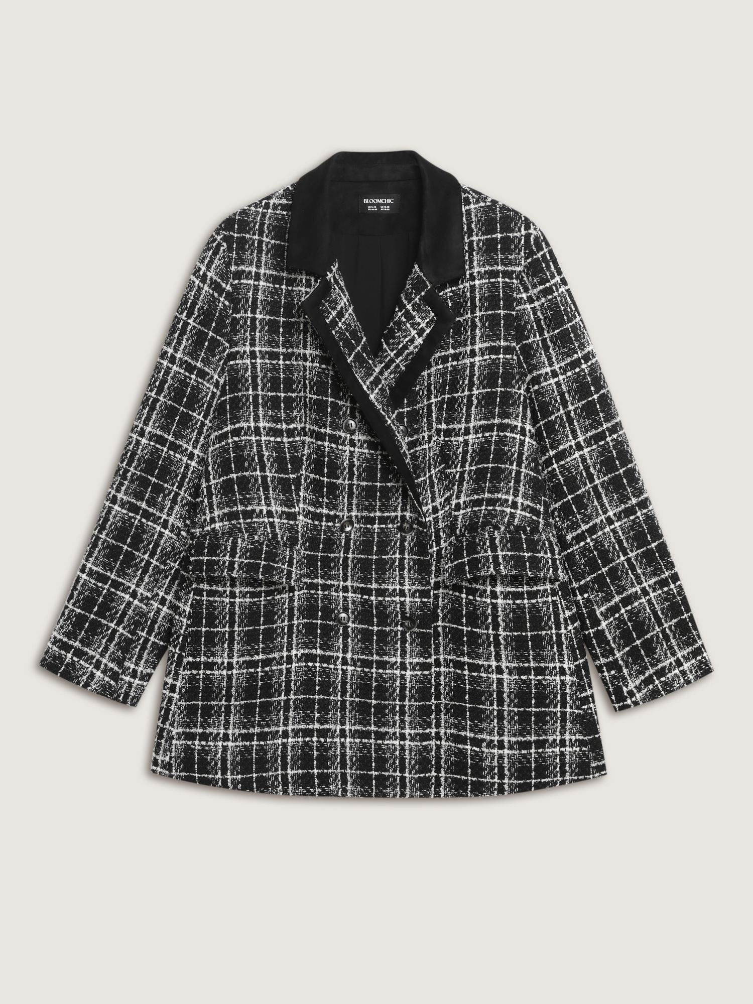 Side view of BloomChic Women's Plus Size Tweed Print Lined Double Breasted Blazer Black Sleeve Extra Long Sleeve 18-20/2X
