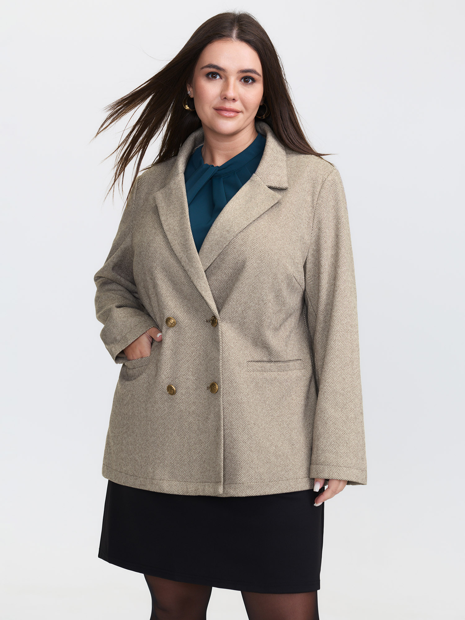 BloomChic Women's Plus Size Herringbone Pockets Double Button Blazer Tan Sleeve Long Sleeve 28/5X-image-47655365312682