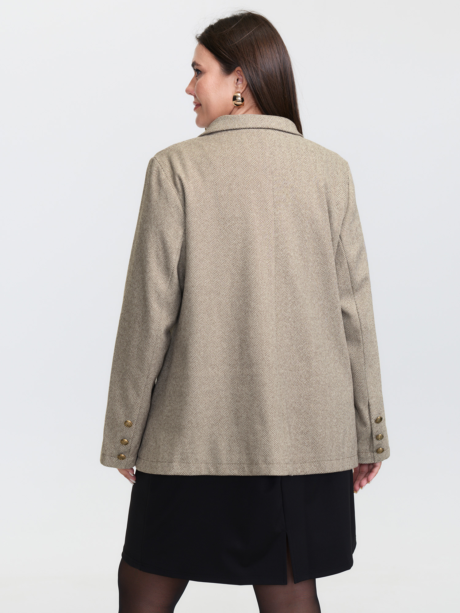 Side view of BloomChic Women's Plus Size Herringbone Pockets Double Button Blazer Tan Sleeve Long Sleeve 12/L
