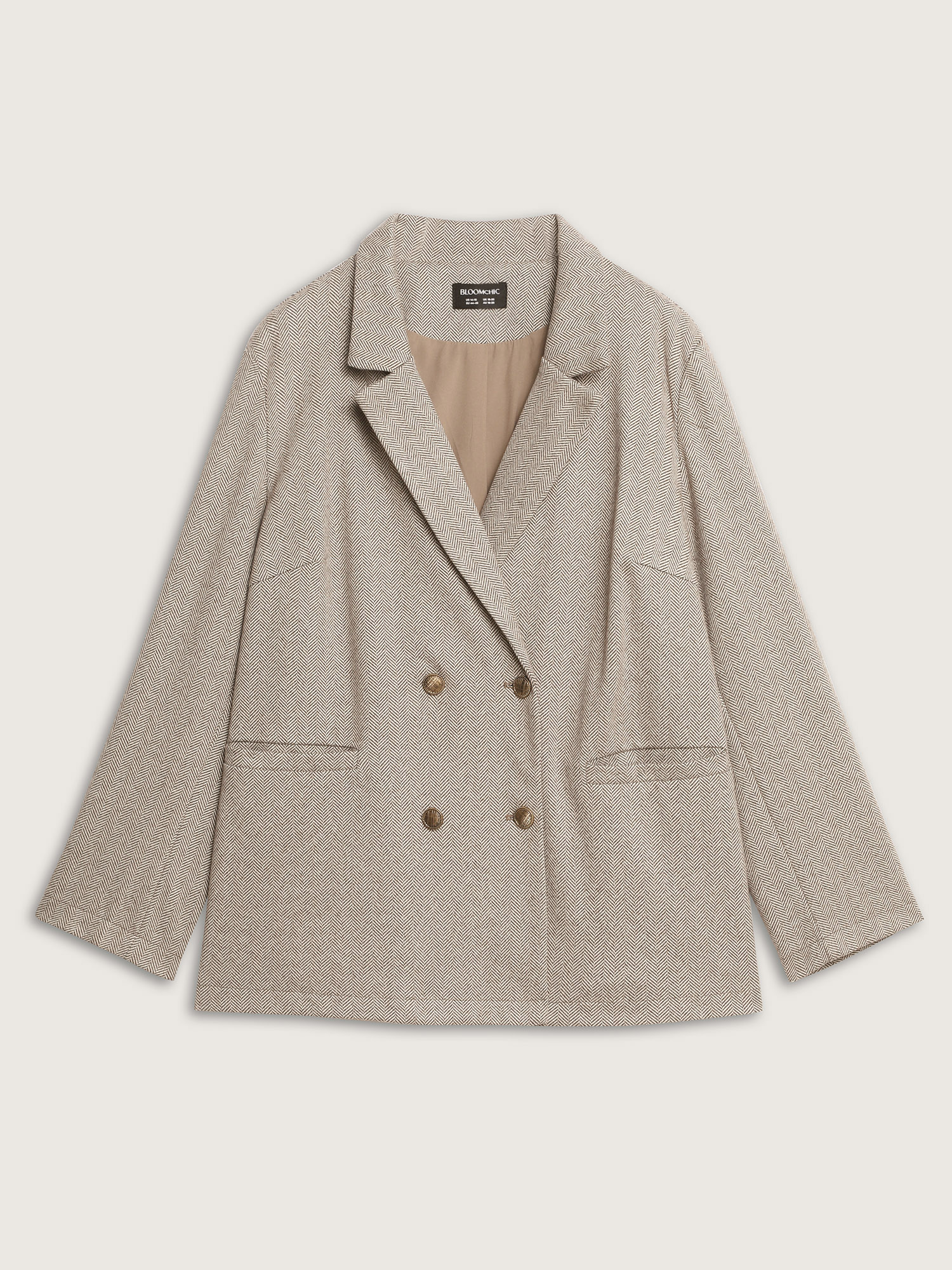 Side view of BloomChic Women's Plus Size Herringbone Pockets Double Button Blazer Tan Sleeve Long Sleeve 12/L