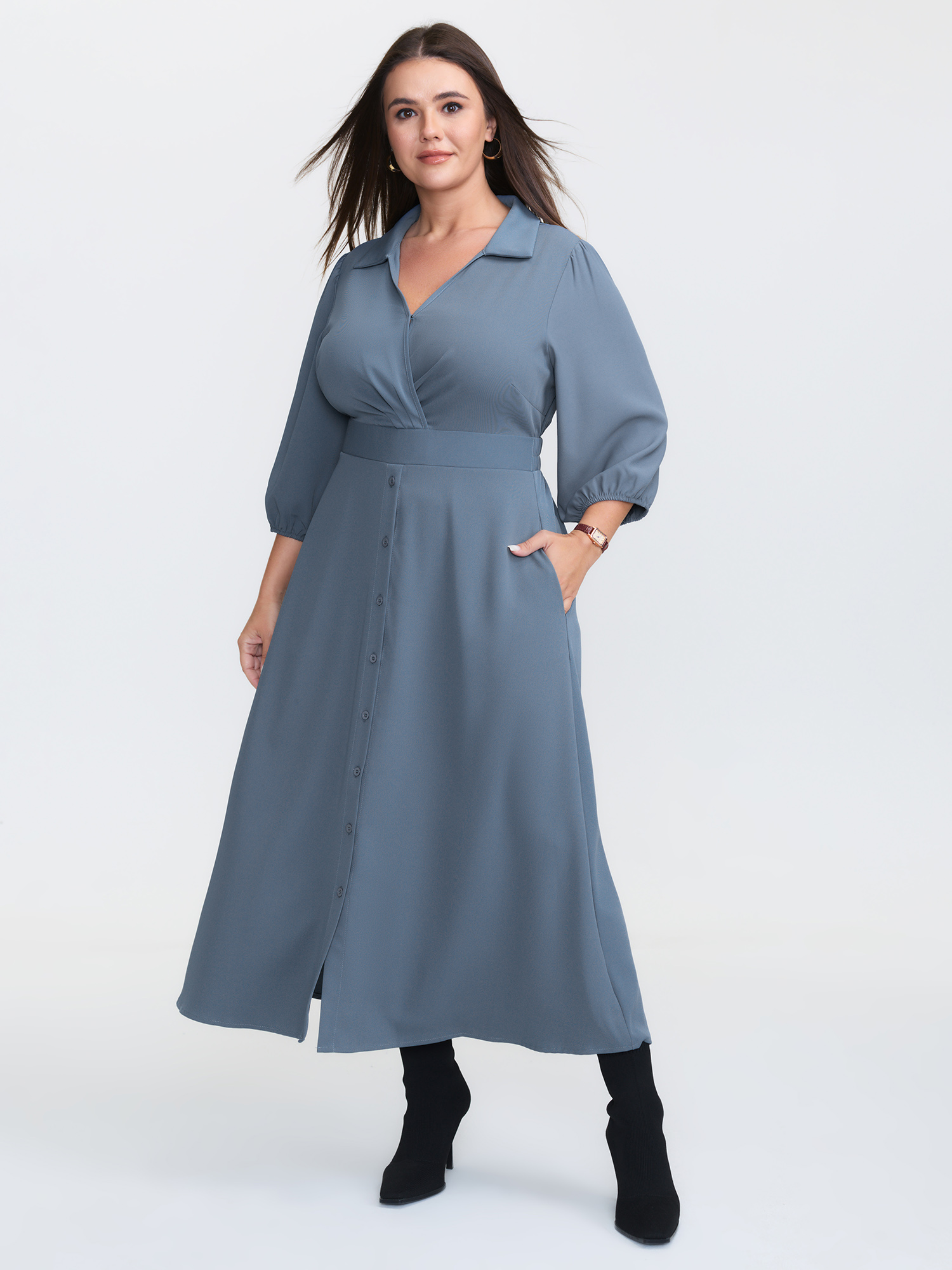 BloomChic Women's Plus Size Knotted Front Placket Shirt Dress Stone Midi Office 10/M