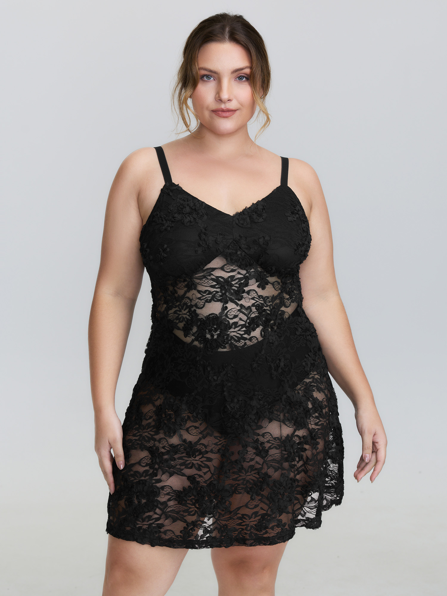 BloomChic Women's Plus Size Sheer Floral Lace Cami Nightgown Black Sleeveless Short 14-16/1X-image-47650016755882