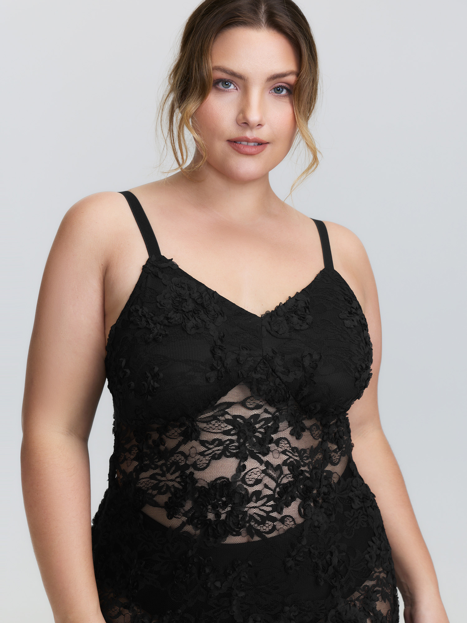 Side view of BloomChic Women's Plus Size Sheer Floral Lace Cami Nightgown Black Sleeveless Short 18-20/2X