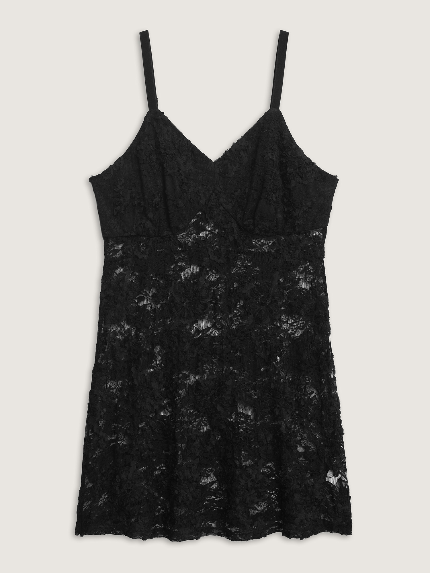 Side view of BloomChic Women's Plus Size Sheer Floral Lace Cami Nightgown Black Sleeveless Short 18-20/2X