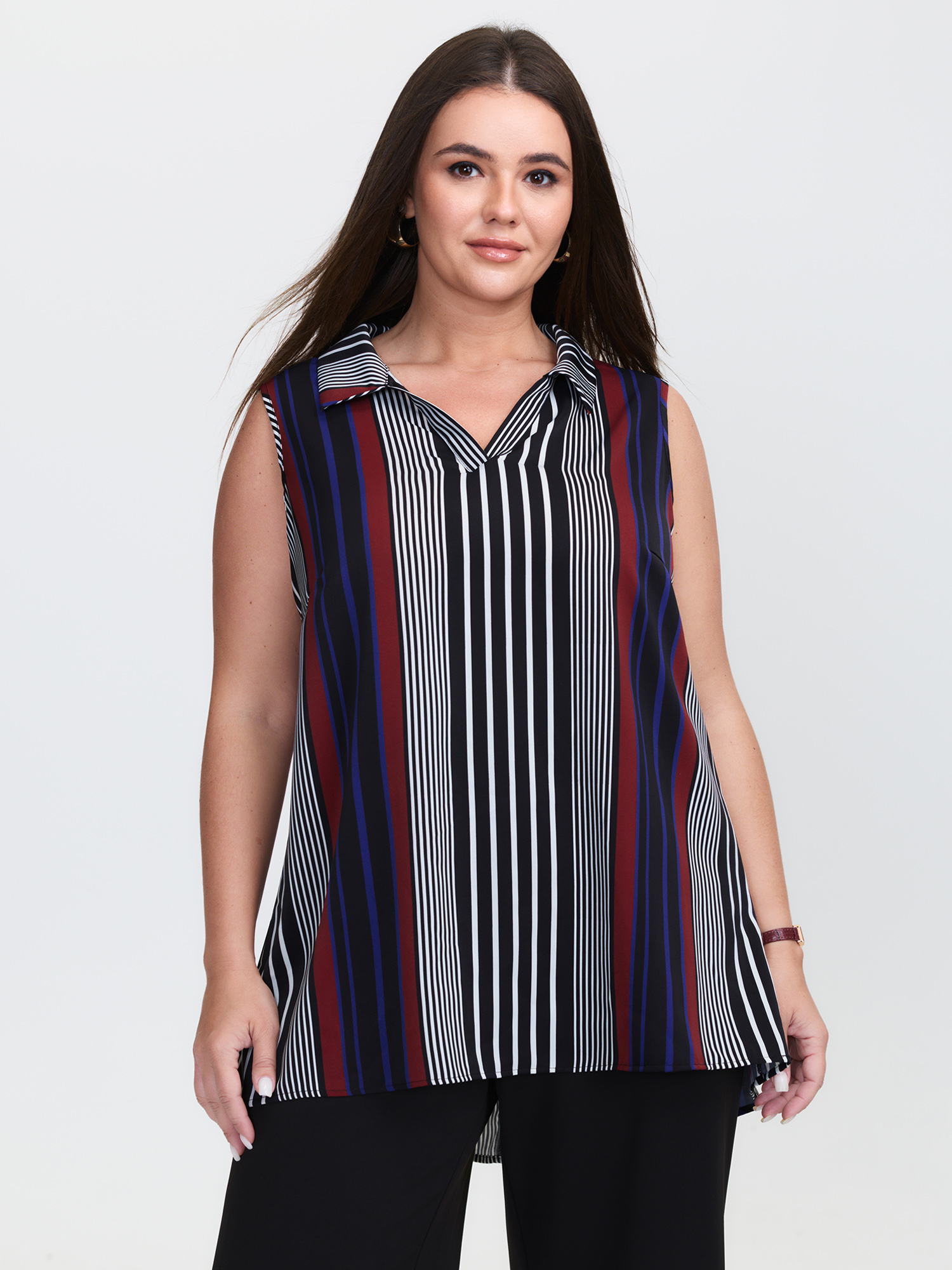 BloomChic Women's Plus Size Striped Color Contrast Sleeveless Top DarkBlue Office Relaxed Fit Fit & Flare Polo Collar 10/M