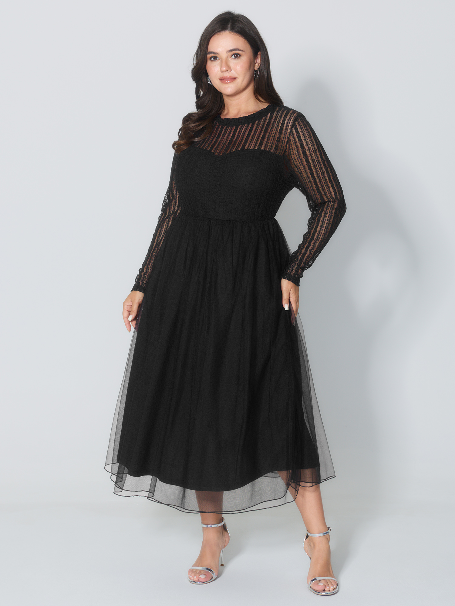 BloomChic Plus Size Mock Neck Sheer Stretchy Midi Dress - Curve Ladies Black Formal Long Sleeve Solid Side Pocket Daily Dresses 34/6X