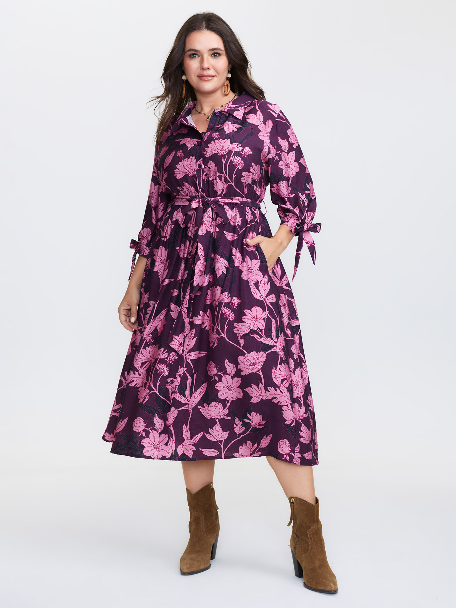 BloomChic Women's Plus Size Silhouette Flower Stretchy Waist Tie Midi Dress Deeppurplered Floral Midi Vacation 10/M