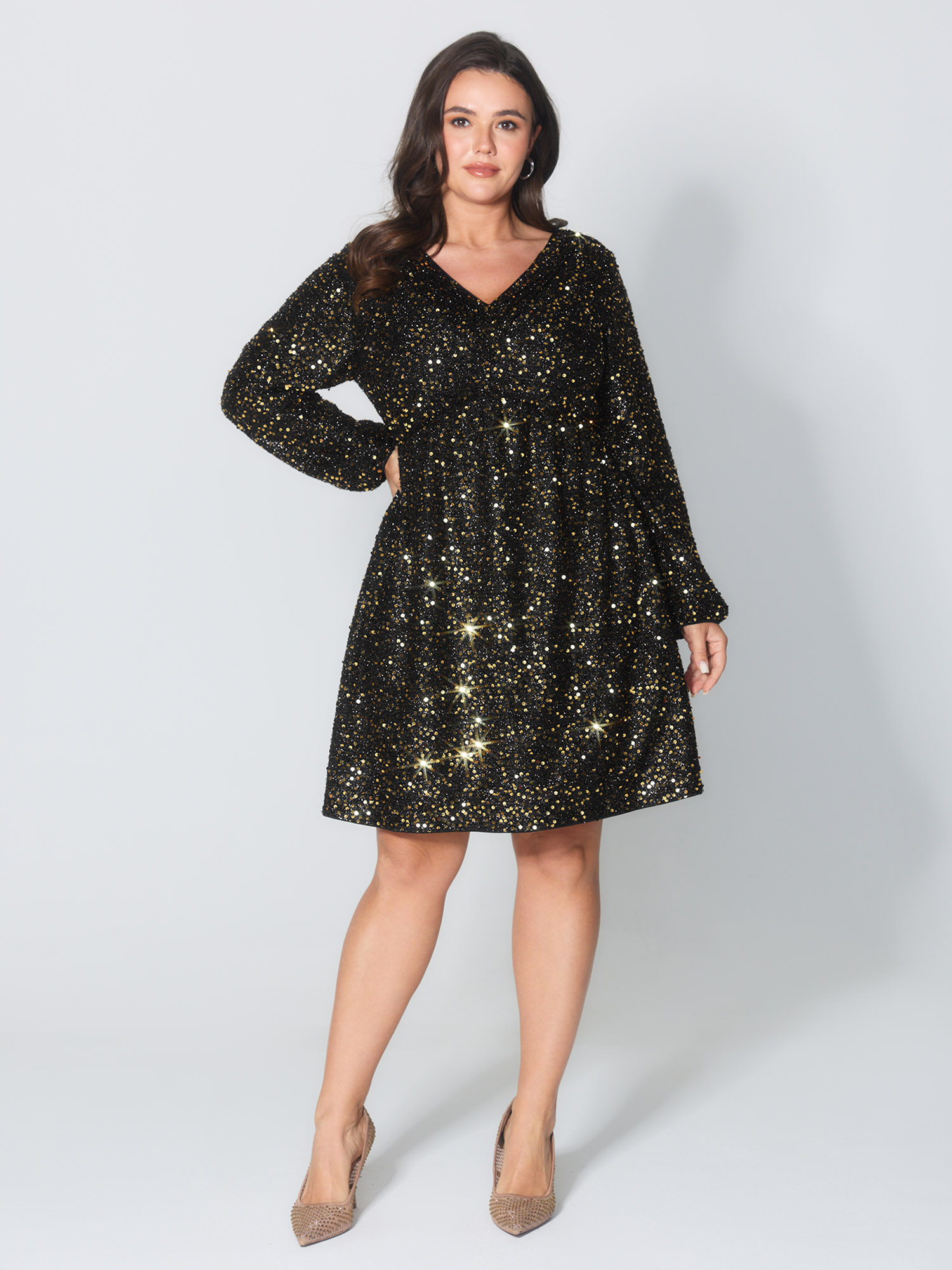 BloomChic Women's Plus Size Shimmery Sequin V-Neck Knee Dress Black Party Smocked V-Neck 12/L-image-47643516108970