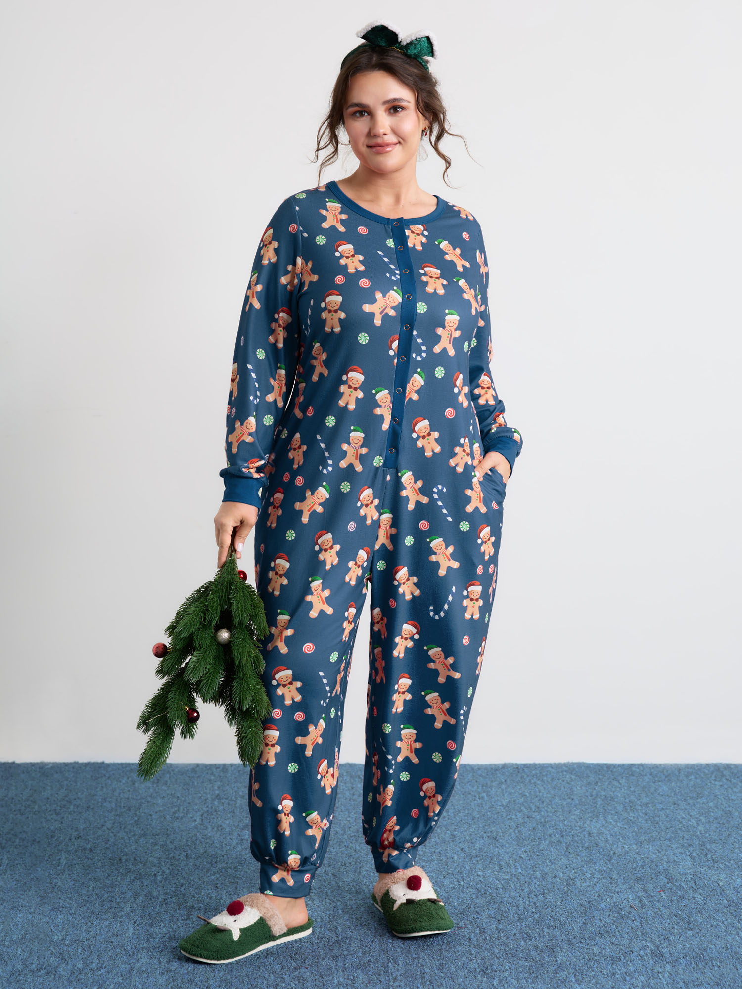 BloomChic Women's Plus Size Gingerbread Print Button Placket Jumpsuit Navy not graphics 30/6X-image-47663049113770