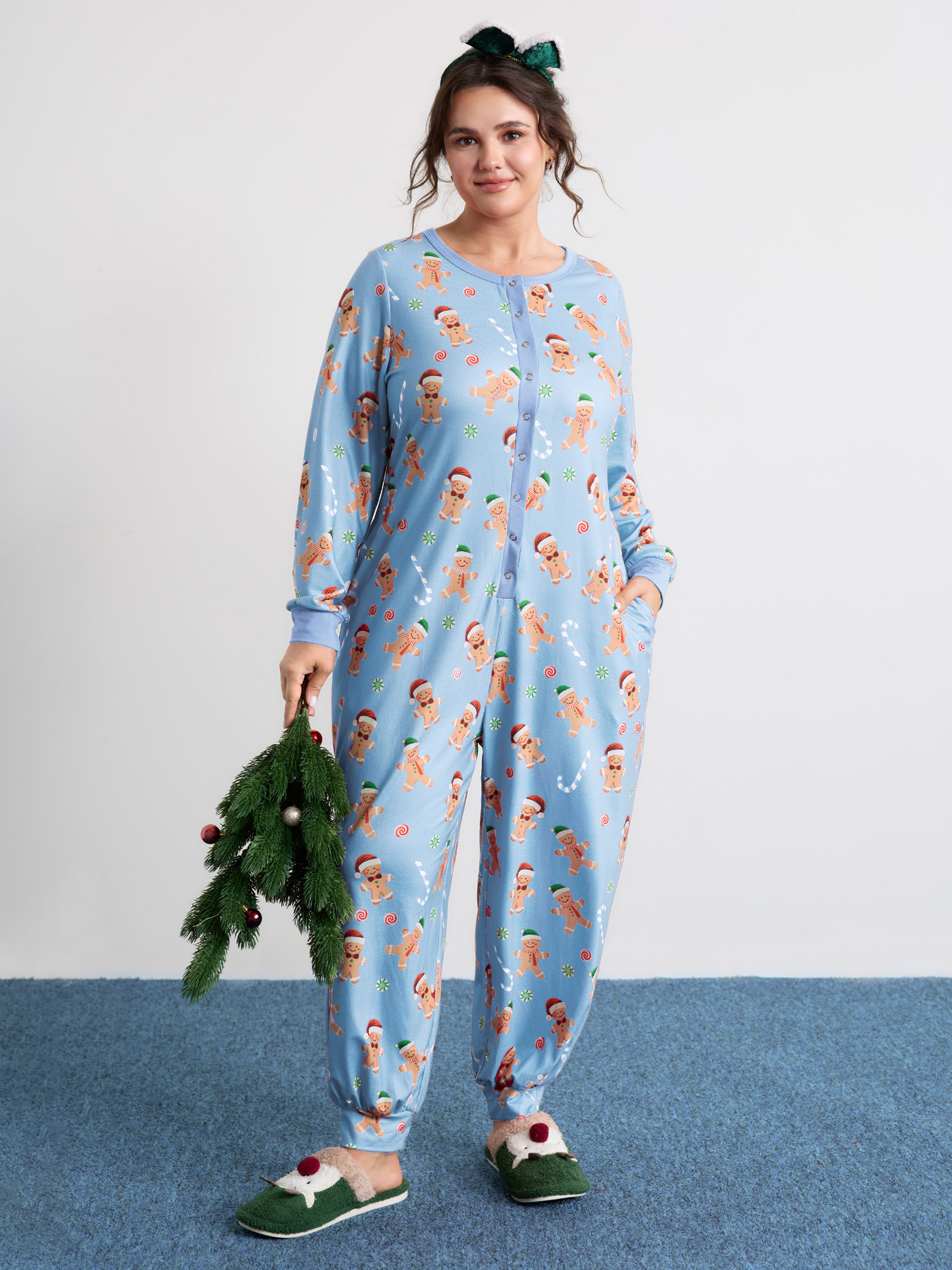 BloomChic Women's Plus Size Gingerbread Print Button Placket Jumpsuit LightBlue not graphics 30/6X-image-47663049081002