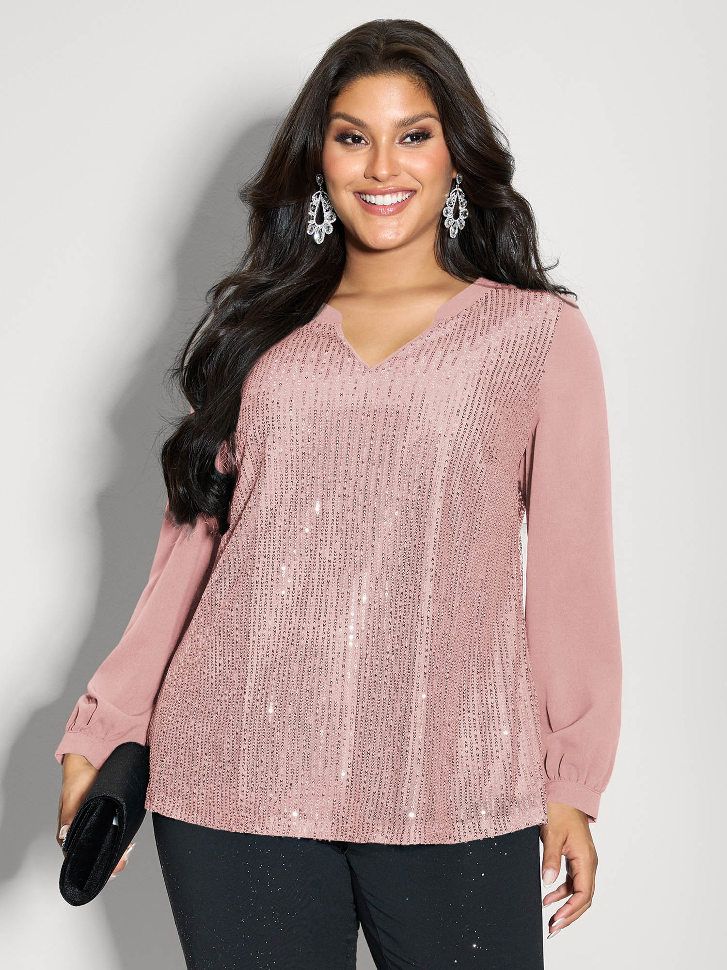 BloomChic Women's Plus Size Shimmery Sequin Notched Collar Blouse Blush Else Occasion Long Sleeve V-Notch Neck 10/M