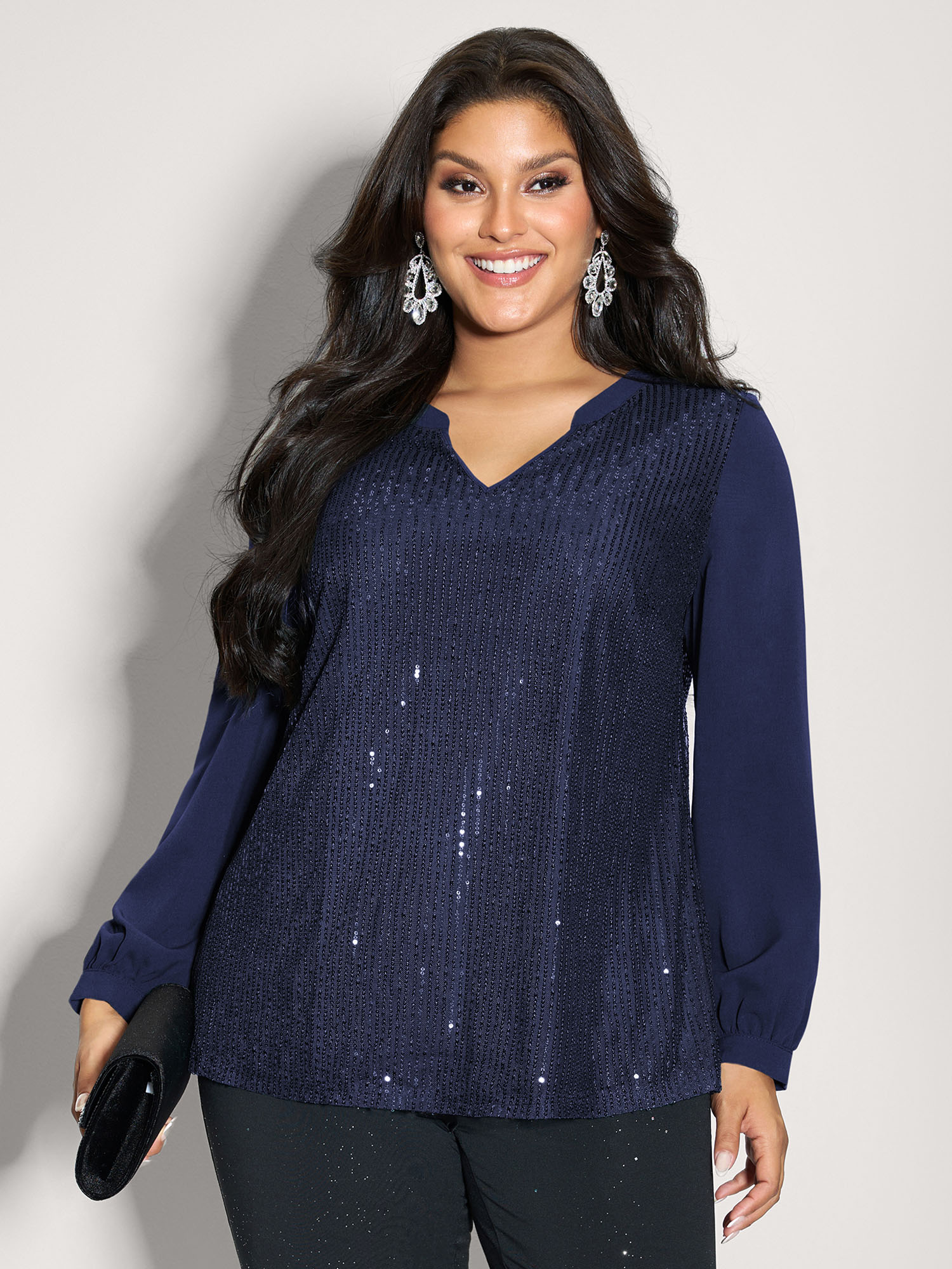 BloomChic Women's Plus Size Shimmery Sequin Notched Collar Blouse DarkBlue Else Occasion Long Sleeve V-Notch Neck 10/M