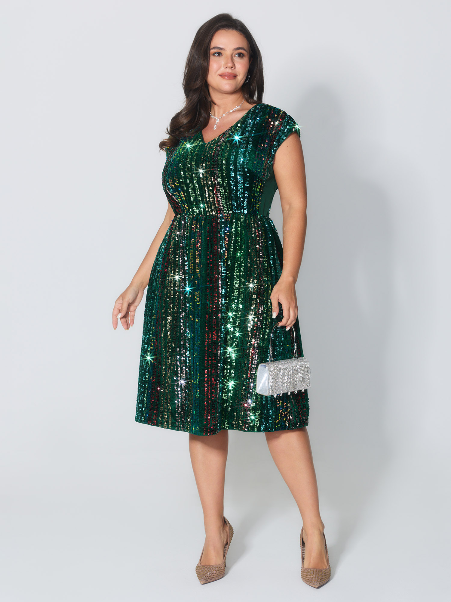 BloomChic Women's Plus Size Shimmery Sequin Stripe Cinched-Waist Mini Dress DarkGreen Party Mini Sequin 30/6X-image-48374239363242
