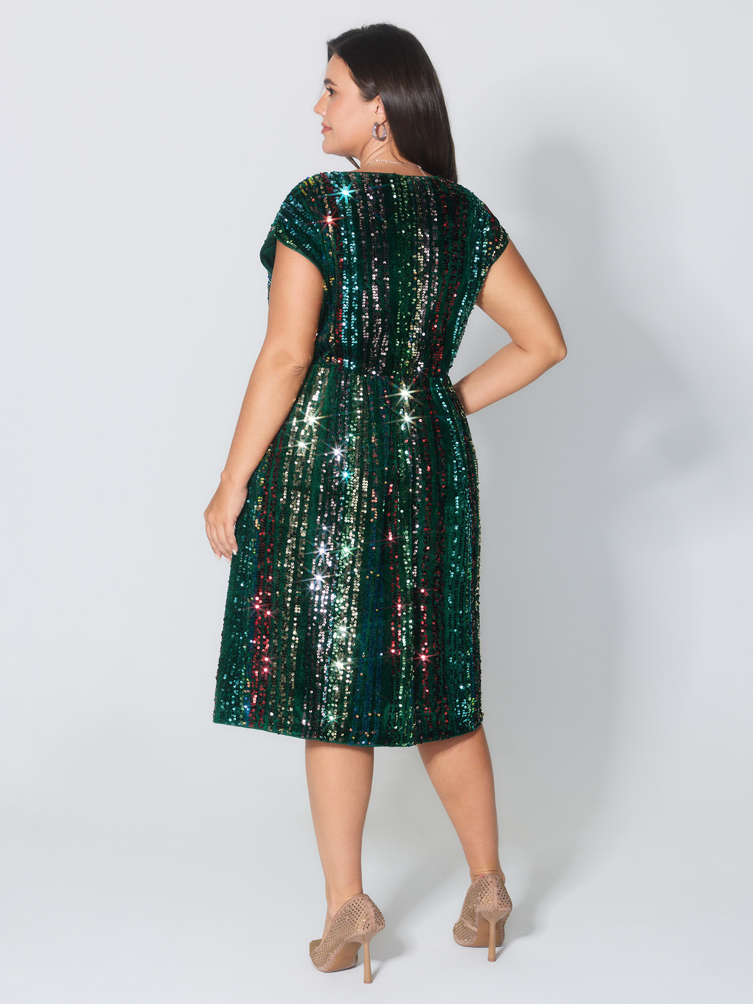 Side view of BloomChic Women's Plus Size Shimmery Sequin Stripe Cinched-Waist Mini Dress DarkGreen Party Mini Sequin 22-24/3X