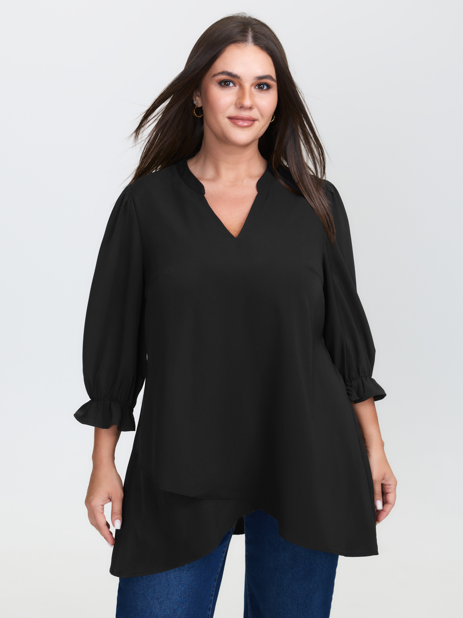 BloomChic Women's Plus Size Overlap Hem Stretchy Cuff Sleeve Blouse Black Solid Office 3/4 Sleeve V-Notch Neck 10/M
