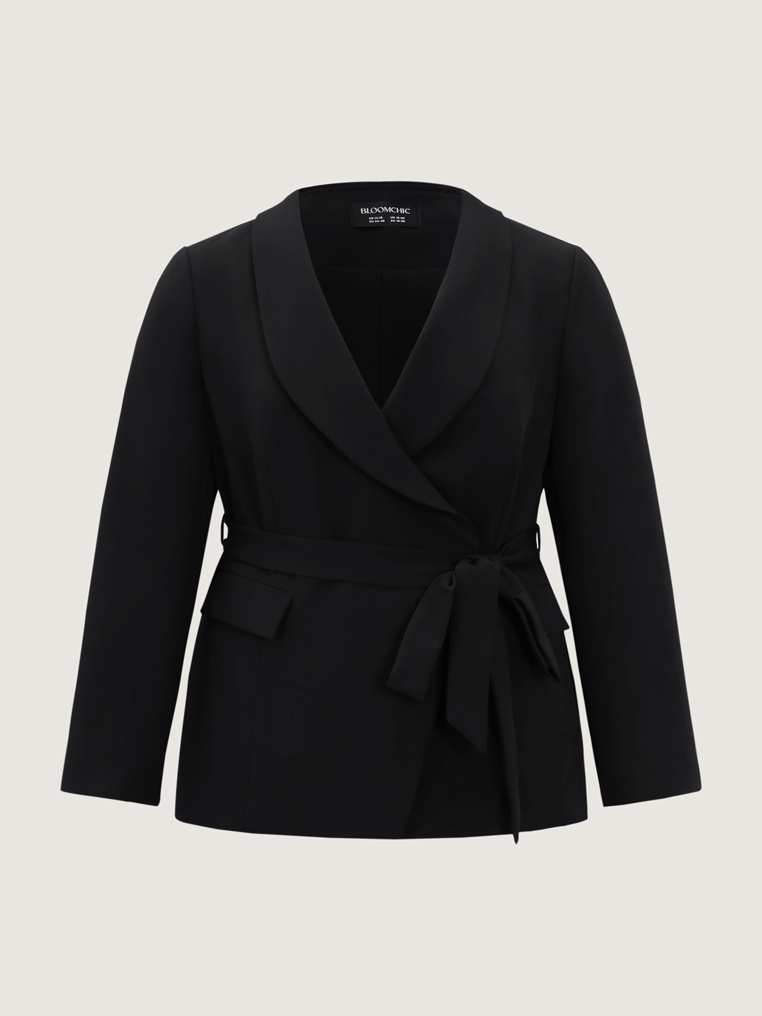 Side view of BloomChic Women's Plus Size Side Belted Plain Blazer Pureblack Sleeveless Extra Long Sleeve 22-24/3X