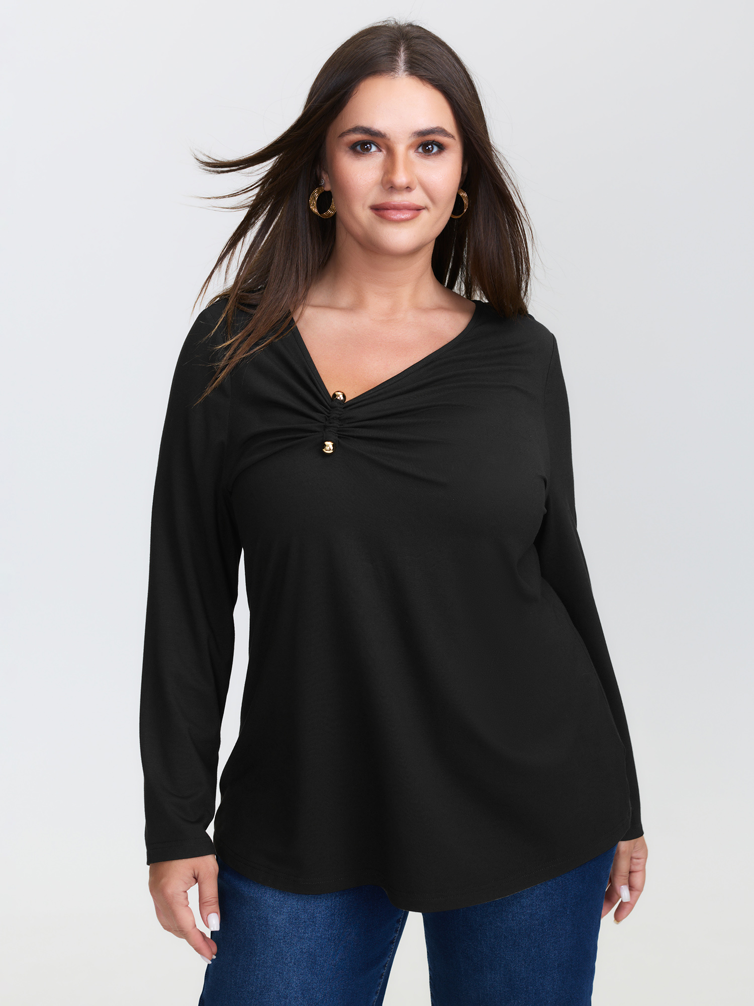 BloomChic Women's Plus Size Knotted Side Neckline Stretchy Knit Top Black Long Sleeve Office 18-20/2X