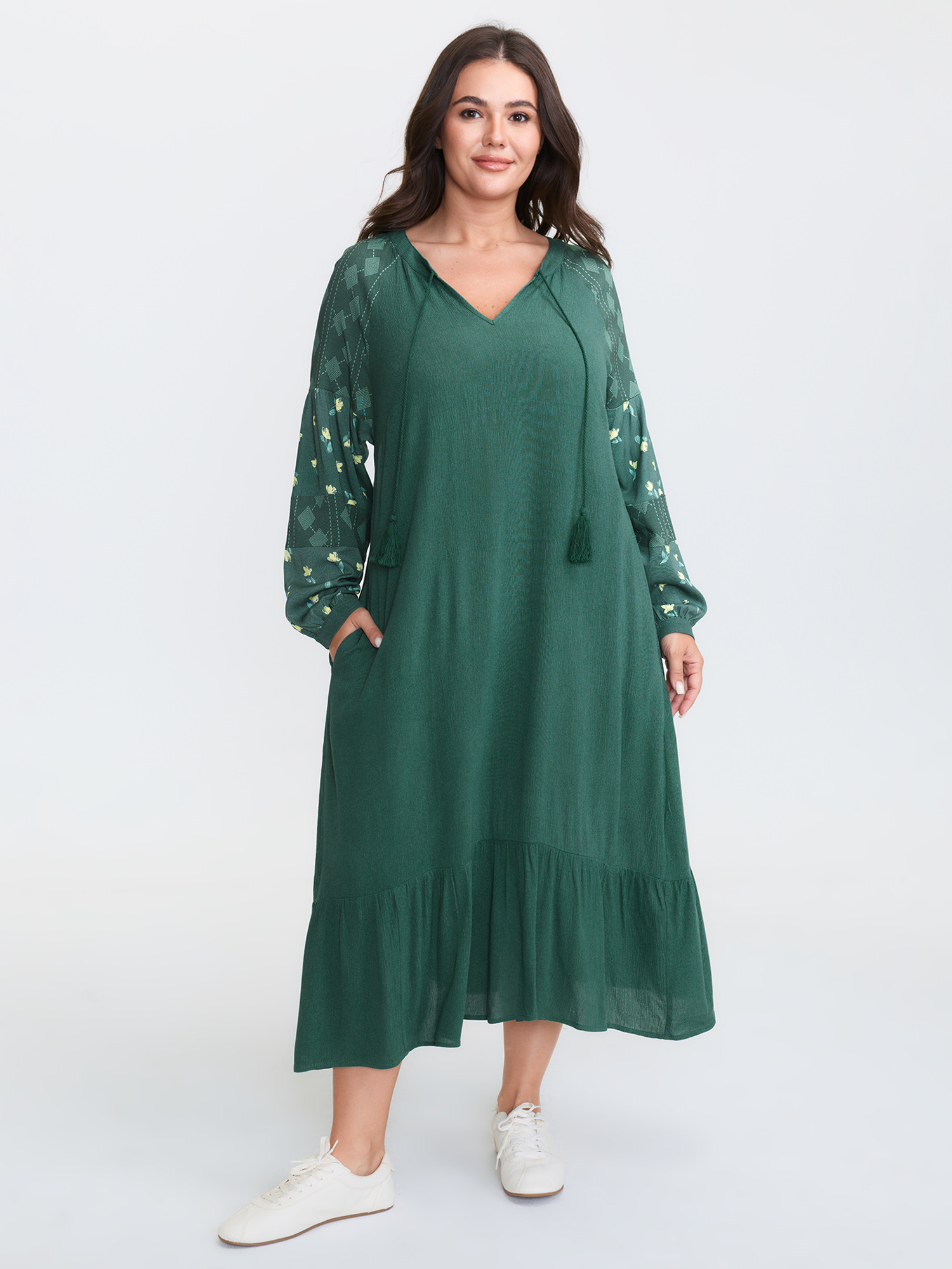 BloomChic Women's Plus Size Floral Print Contrast Drawstring Midi Dress Teal Midi Everyday-Casual Tassels 10/M