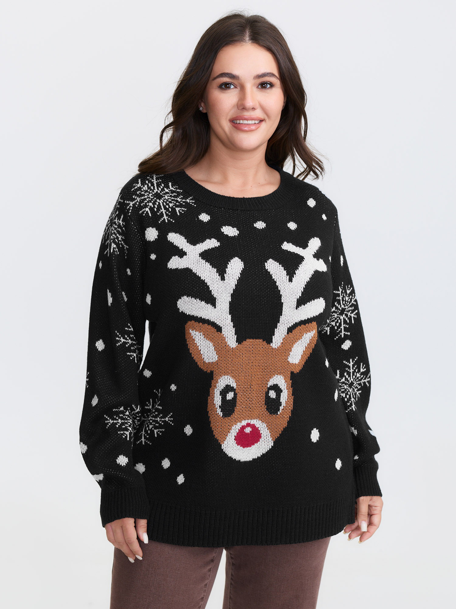BloomChic Women's Plus Size Deer Snowflake Pattern Jacquard Pullover Black Graphic-Christmas Long Sleeve Round Neck 10/M