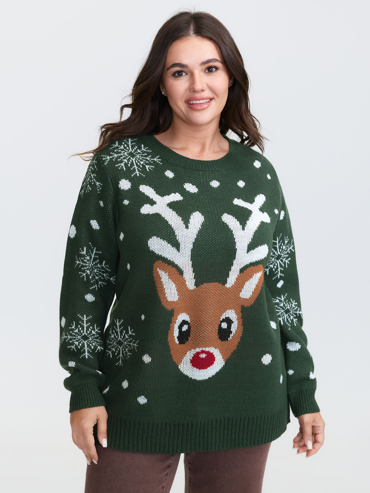 BloomChic Women's Plus Size Deer Snowflake Pattern Jacquard Pullover DarkSlateGray Graphic-Christmas Long Sleeve Round Neck 10/M