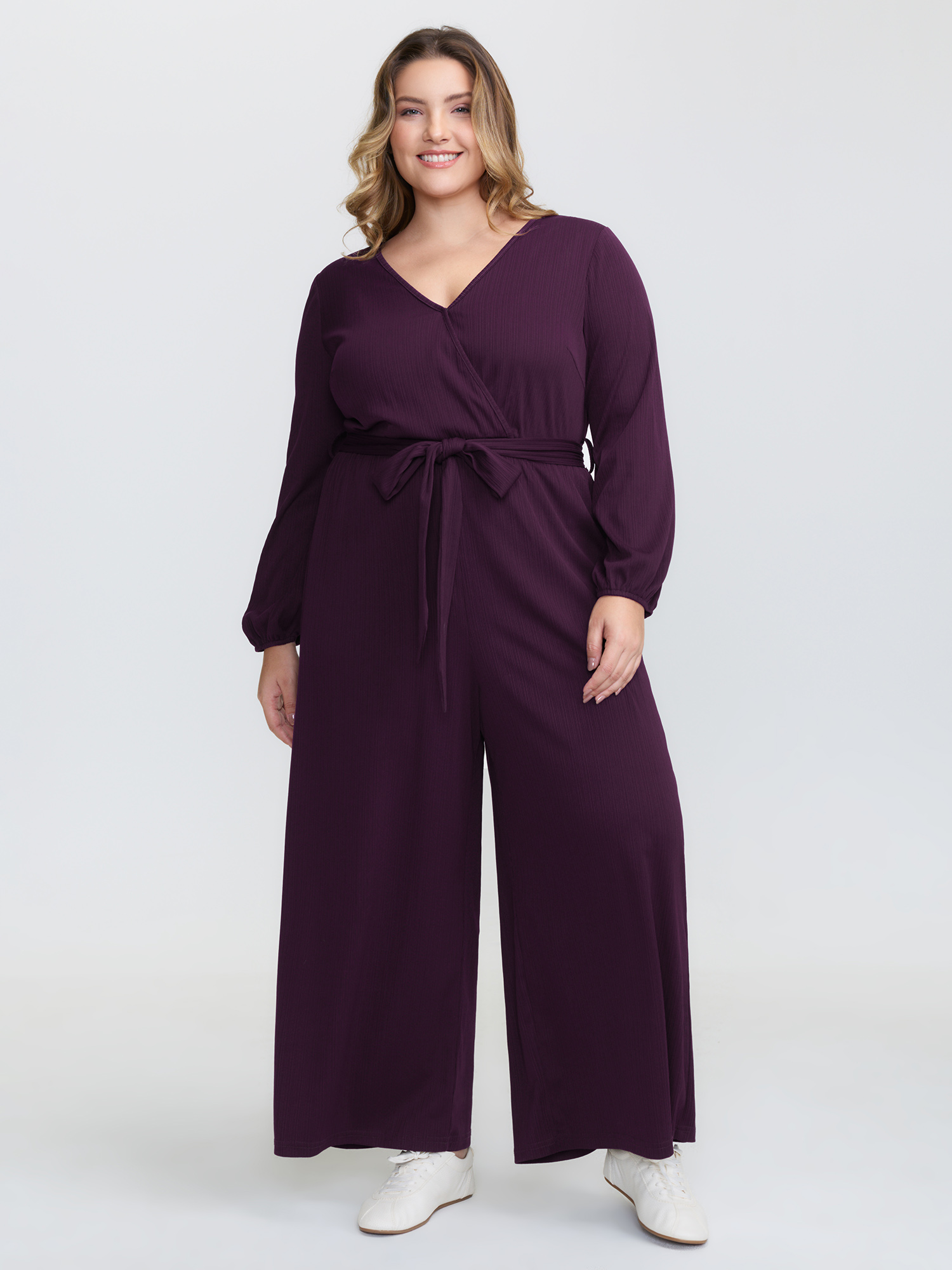BloomChic Women's Plus Size Stretchy Wrap Neckline Adjustable Belt Jumpsuit Deeppurple Everyday-Casual 10/M