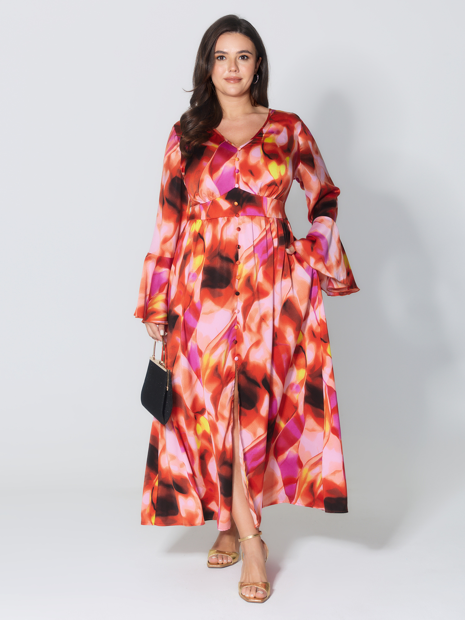 BloomChic Women's Plus Size Abstract Print Flared Sleeve Maxi Dress Multicolor Maxi Everyday-Elegant 10/M