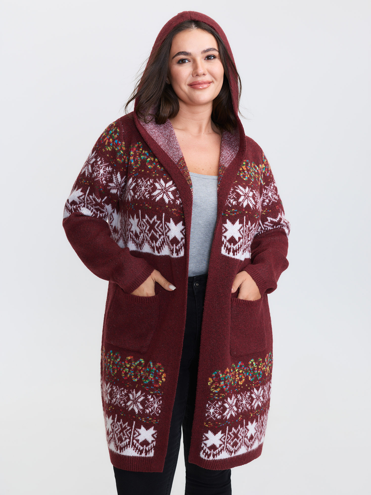 BloomChic Women's Plus Size Boho Print Jacquard Hooded Knit Cardigan Scarlet Long Sleeve Hooded Neck 10/M