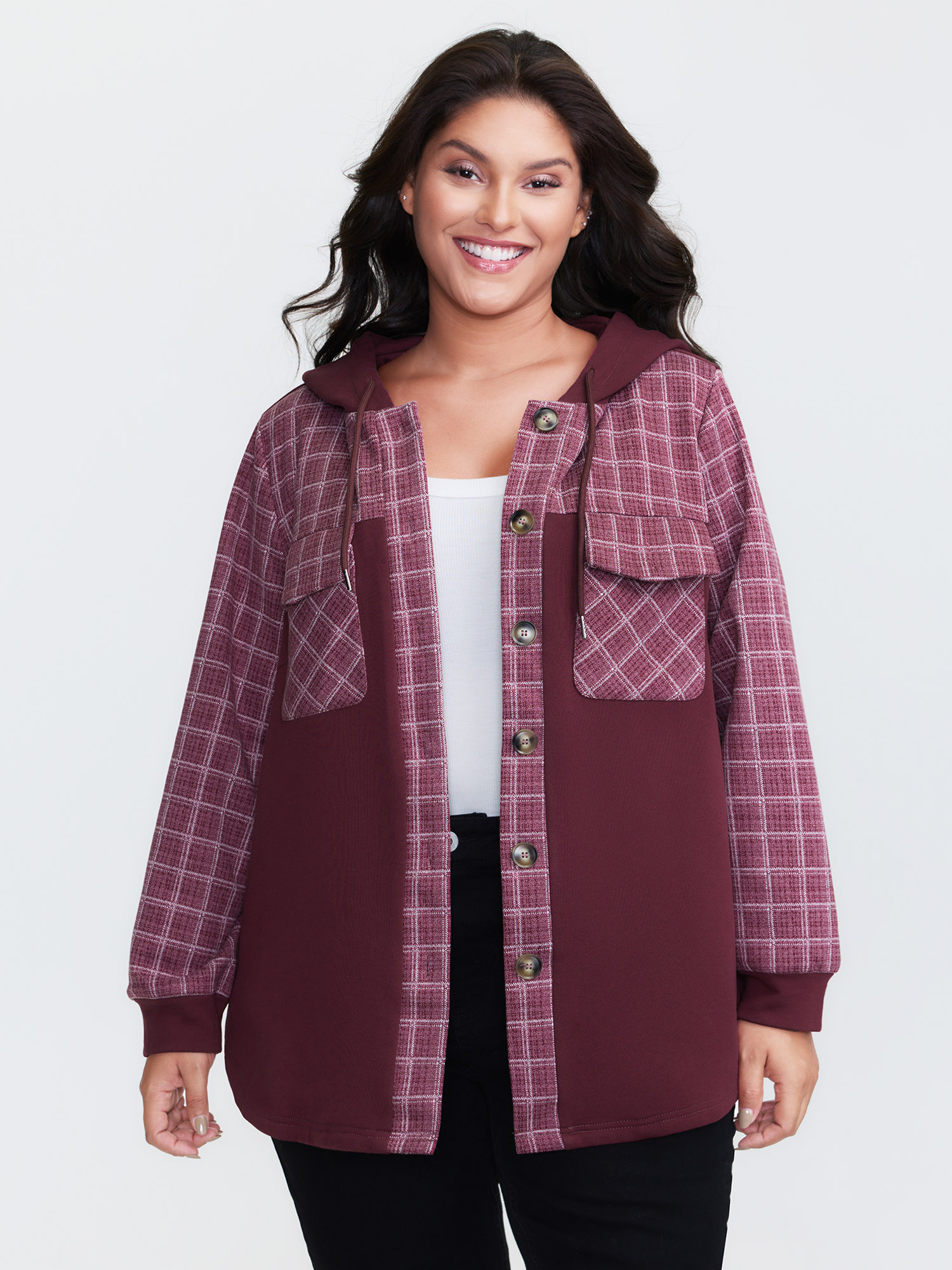 BloomChic Women's Plus Size Grid Print Patchwork Hooded Jacket Russet Colorblock A-line 10/M