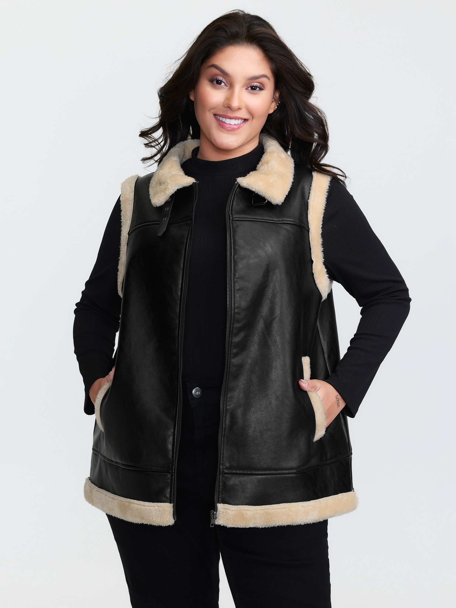 BloomChic Women's Plus Size Fuzzy Edges Color Contrast Vest Black Colorblock 18-20/2X-image-47650095169706