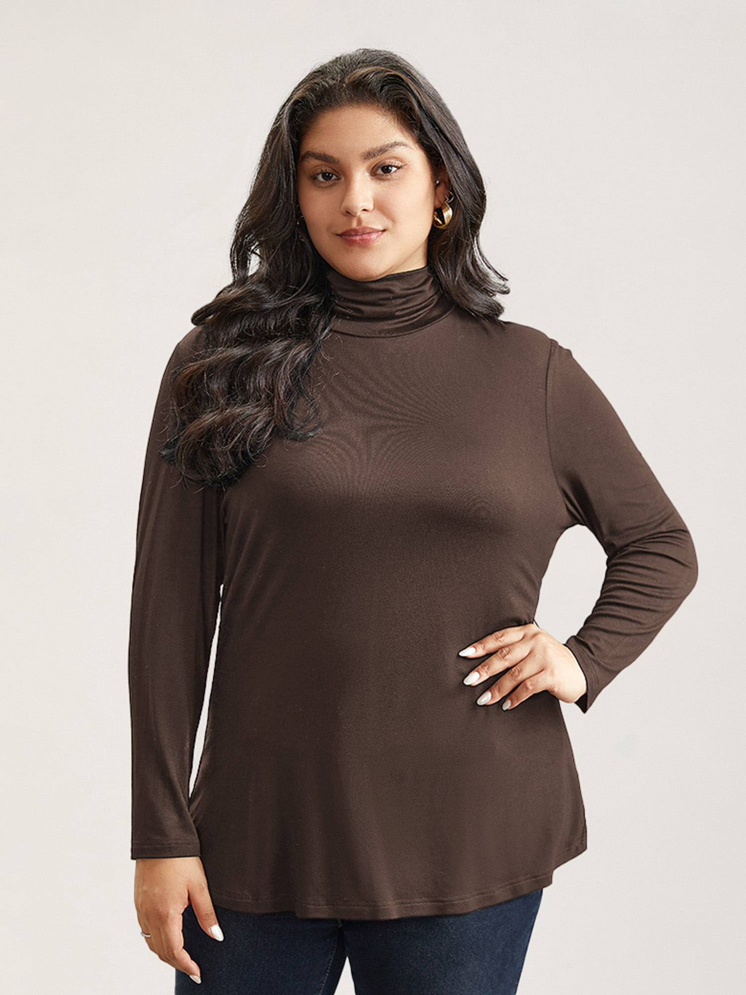 BloomChic Plus Size Supersoft Essentials Solid Funnel Neck Knit T-Shirt - Women's Chocolate Martini Solid Round Neck Comfort Midsection Fit Long Sleeve Playful T-shirts 14/M