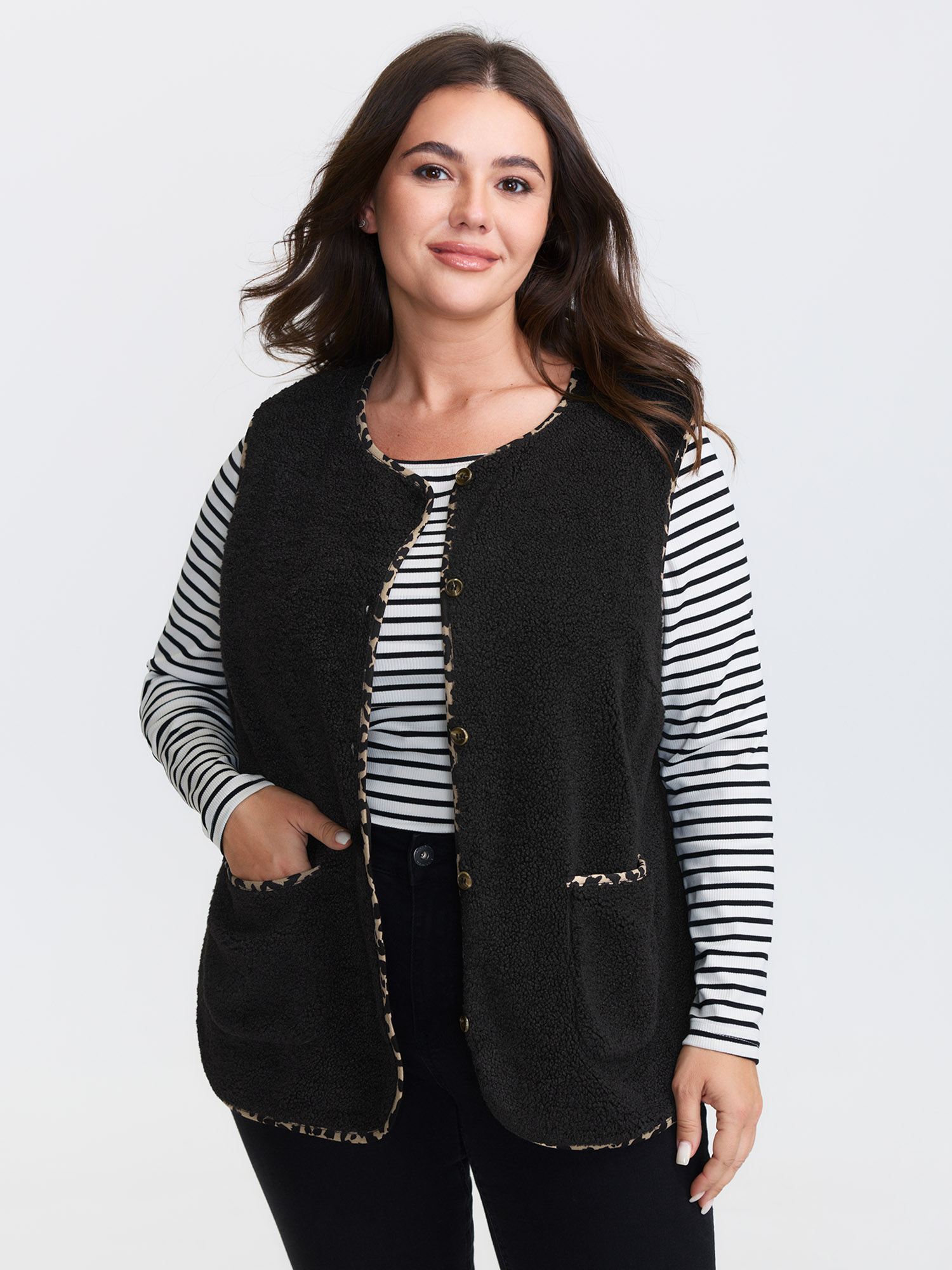 BloomChic Women's Plus Size Faux Shearling Patchwork Leopard Edge Vest Black Colorblock 14-16/1X-image-47665291493546
