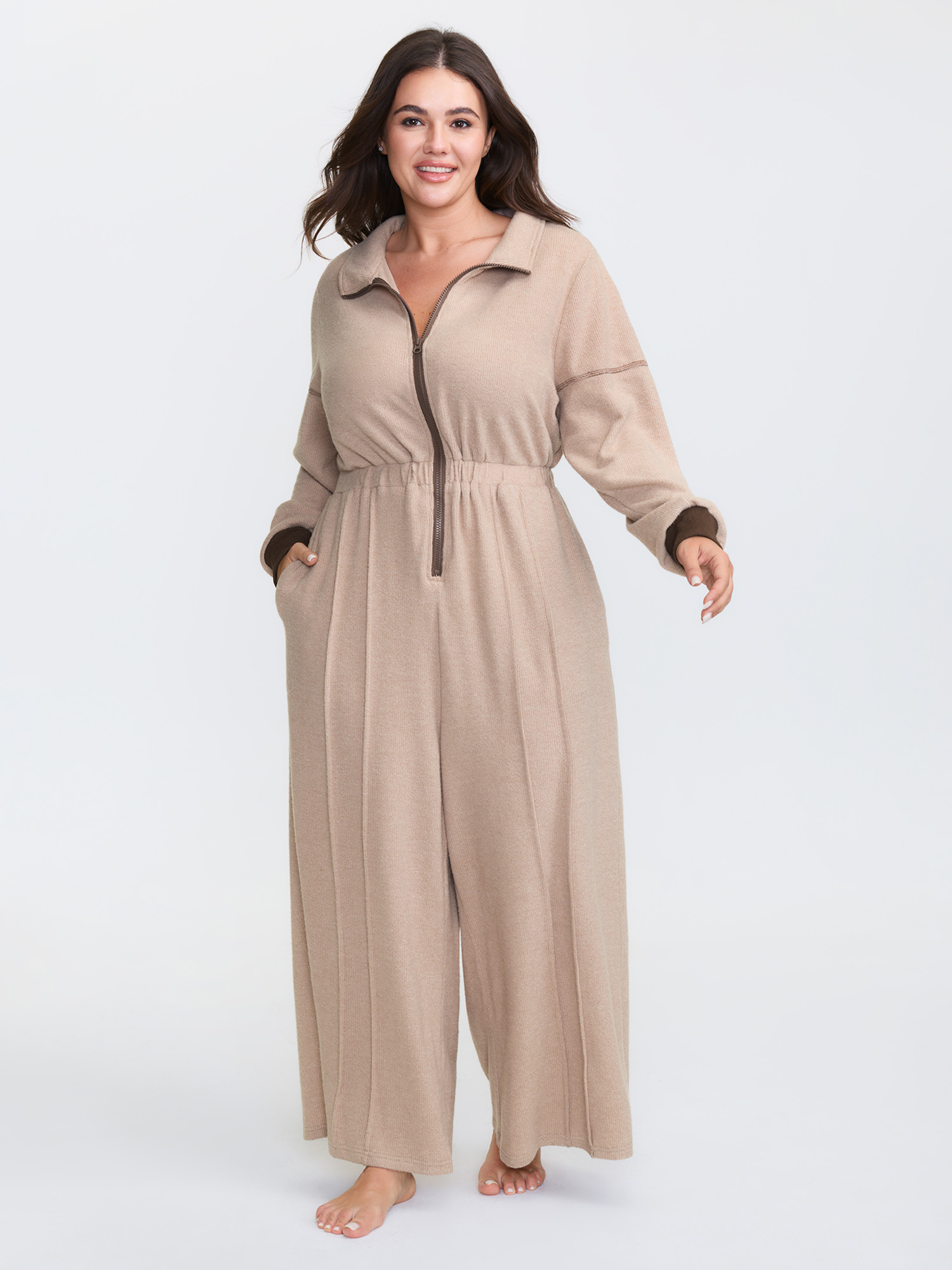 BloomChic Women's Plus Size Color Contrast Zipper Lounge Jumpsuit LightBrown Maxi 22-24/3X-image-47665291034794