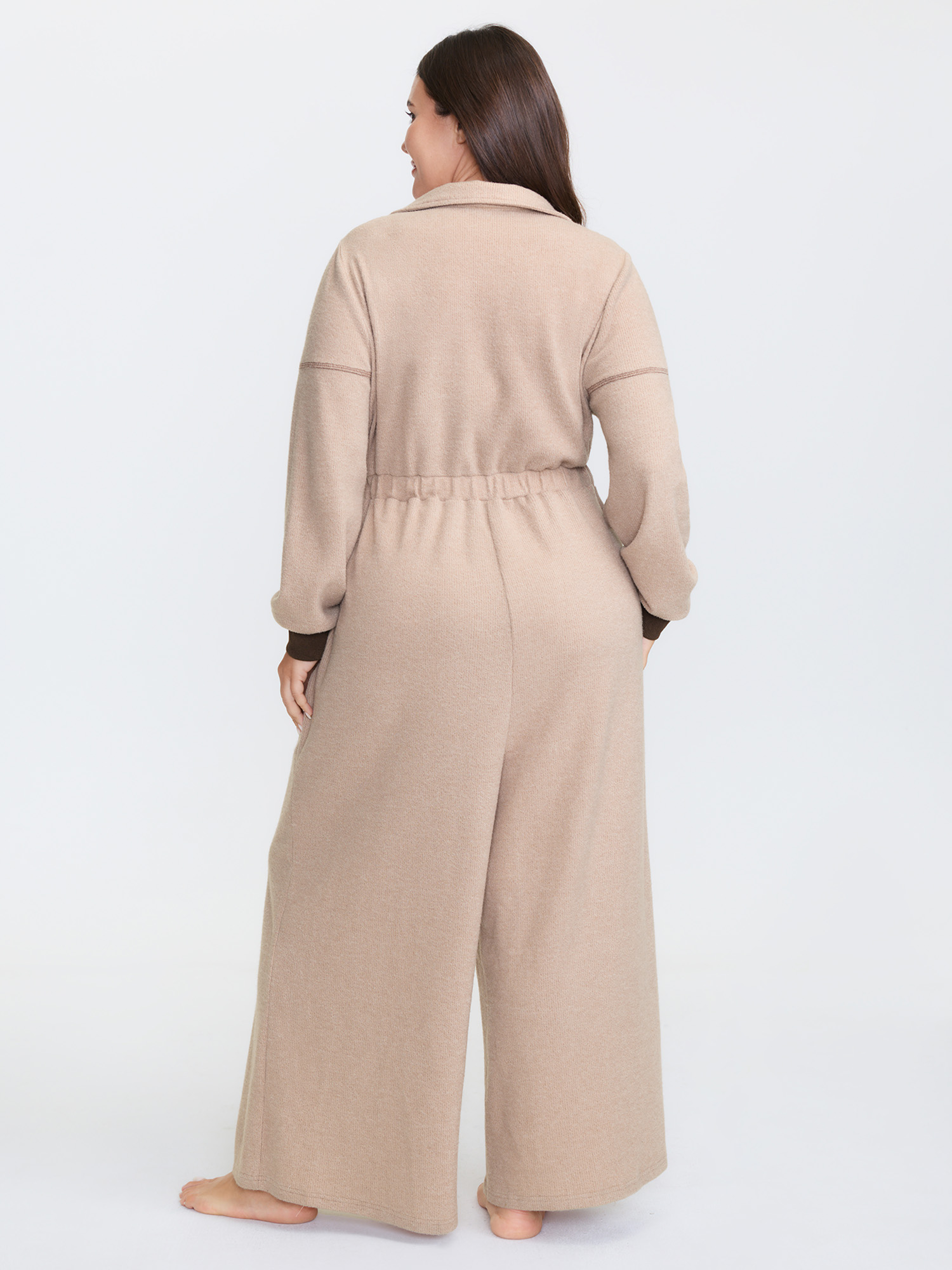 Side view of BloomChic Women's Plus Size Color Contrast Zipper Lounge Jumpsuit LightBrown Maxi 18-20/2X