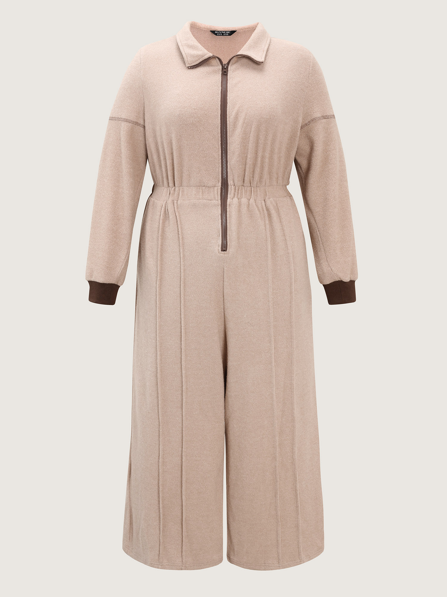 Side view of BloomChic Women's Plus Size Color Contrast Zipper Lounge Jumpsuit LightBrown Maxi 18-20/2X
