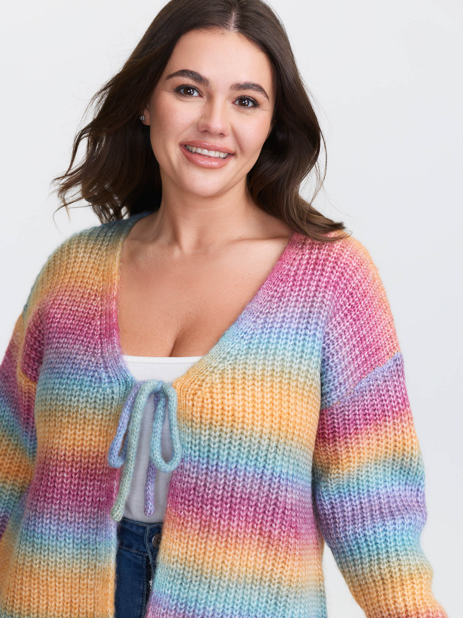 BloomChic Women's Plus Size Colorful Front-Tie Heather Knit Cardigan Multicolor Long Sleeve 10/M