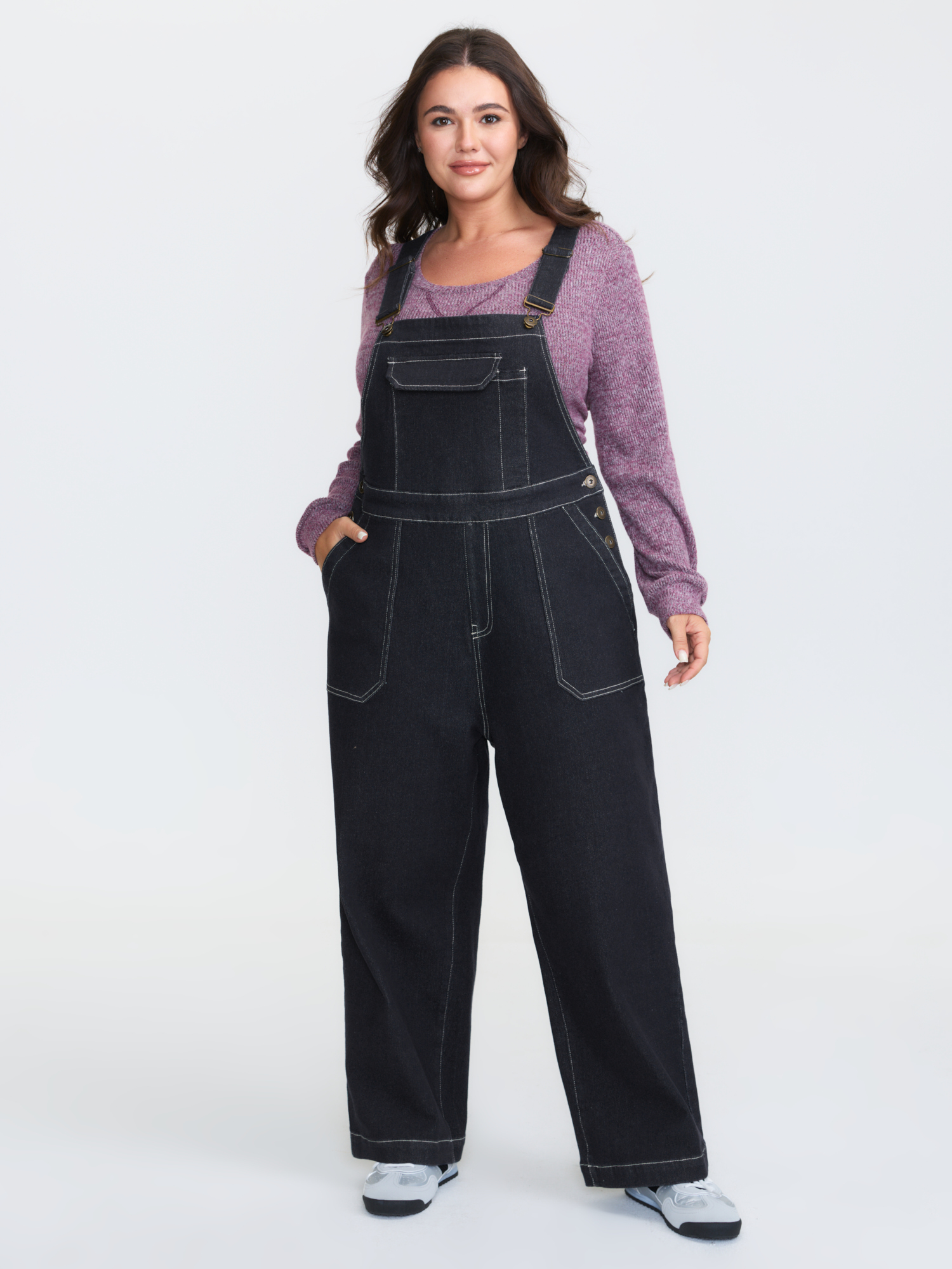 BloomChic Women's Plus Size Supersoft Denim Overall Straps Wide-Leg Jumpsuit Darkindigo not graphics Casual Non Medium stretch 26/4X-image-47655362363562