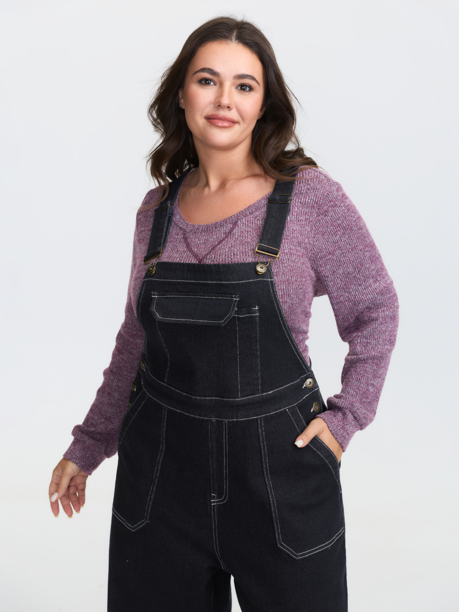 Side view of BloomChic Women's Plus Size Supersoft Denim Overall Straps Wide-Leg Jumpsuit Darkindigo not graphics Casual Non Medium stretch 22-24/3X