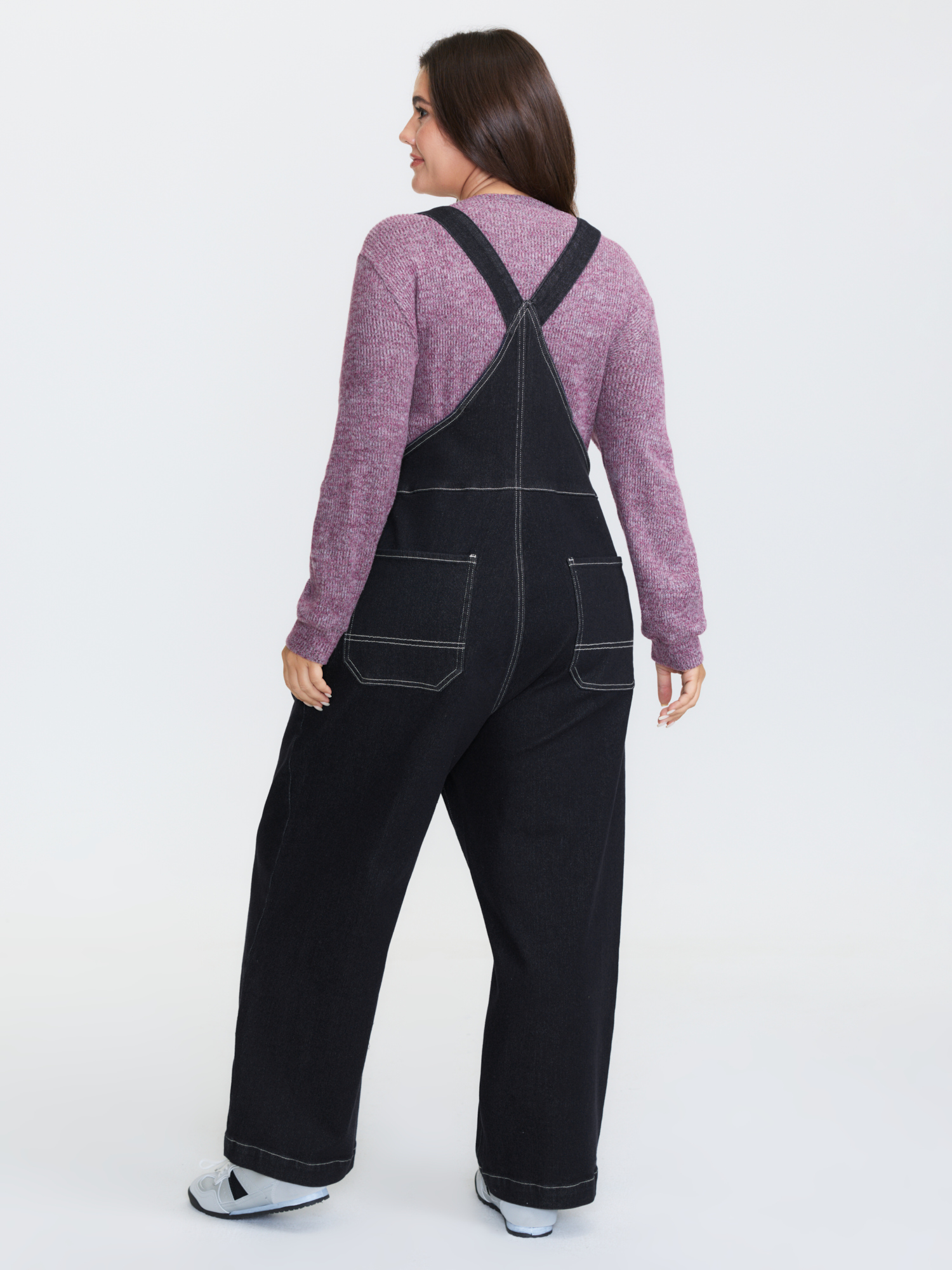 Side view of BloomChic Women's Plus Size Supersoft Denim Overall Straps Wide-Leg Jumpsuit Darkindigo not graphics Casual Non Medium stretch 22-24/3X