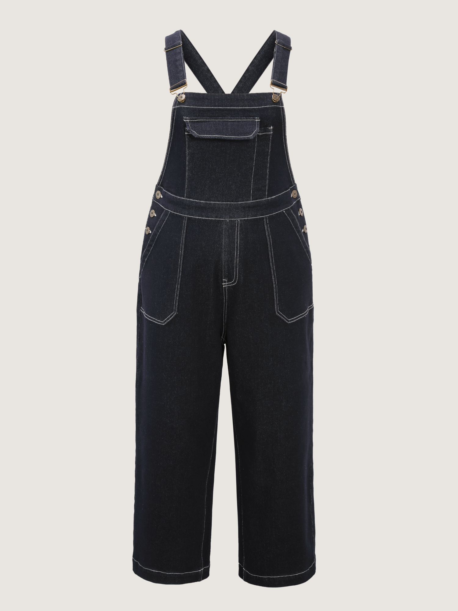 Side view of BloomChic Women's Plus Size Supersoft Denim Overall Straps Wide-Leg Jumpsuit Darkindigo not graphics Casual Non Medium stretch 22-24/3X